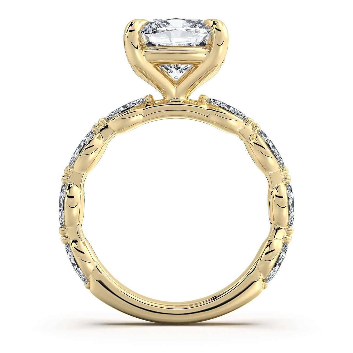 Yellow Gold Cushion Diamond Engagement Ring with Marquise Side Stone Band Profile View | Waco Diamonds Is Located In Waco, TX | Central Texas' #1 Engagement Ring Store With Lifetime Warranty