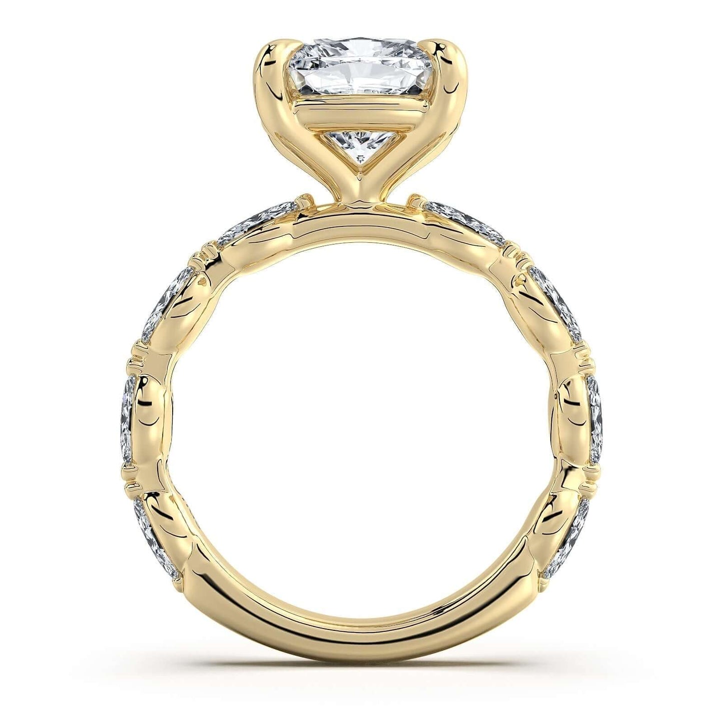 Yellow Gold Cushion Diamond Engagement Ring with Marquise Side Stone Band | Waco Diamonds Is Located In Waco, TX | Central Texas' #1 Engagement Ring Store With Lifetime Warranty