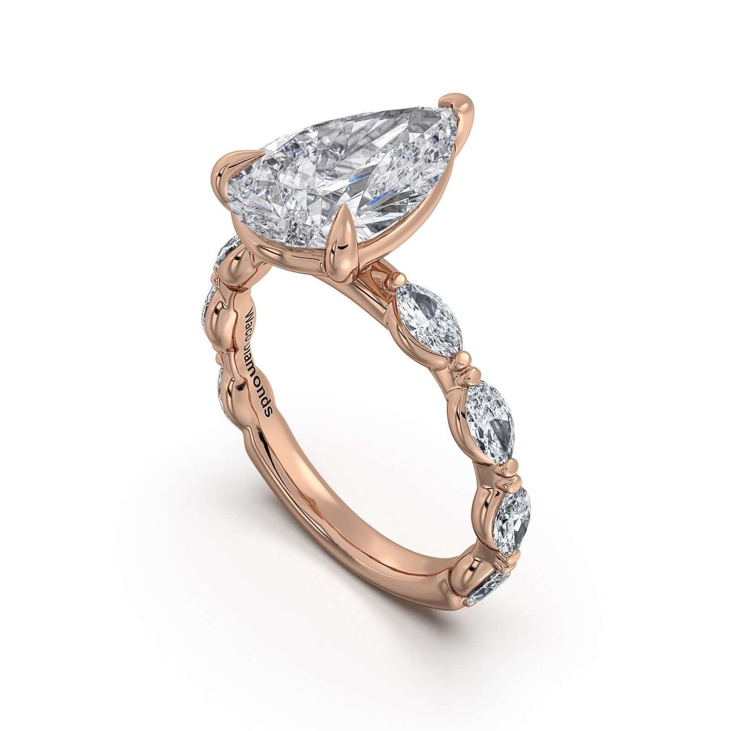 Rose Gold Pear Diamond Engagement Ring with Marquise Side Stone Band | Waco Diamonds Is Located In Waco, TX | Central Texas' #1 Engagement Ring Store With Lifetime Warranty