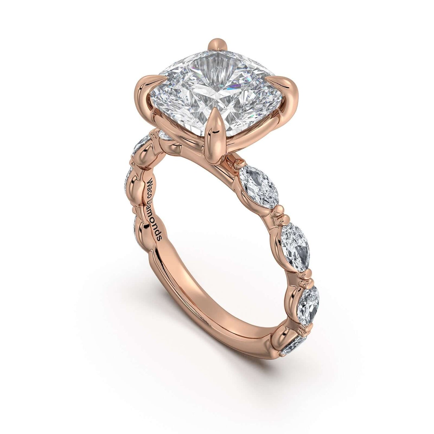 Rose Gold Cushion Diamond Engagement Ring with Marquise Side Stone Band | Waco Diamonds Is Located In Waco, TX | Central Texas' #1 Engagement Ring Store With Lifetime Warranty