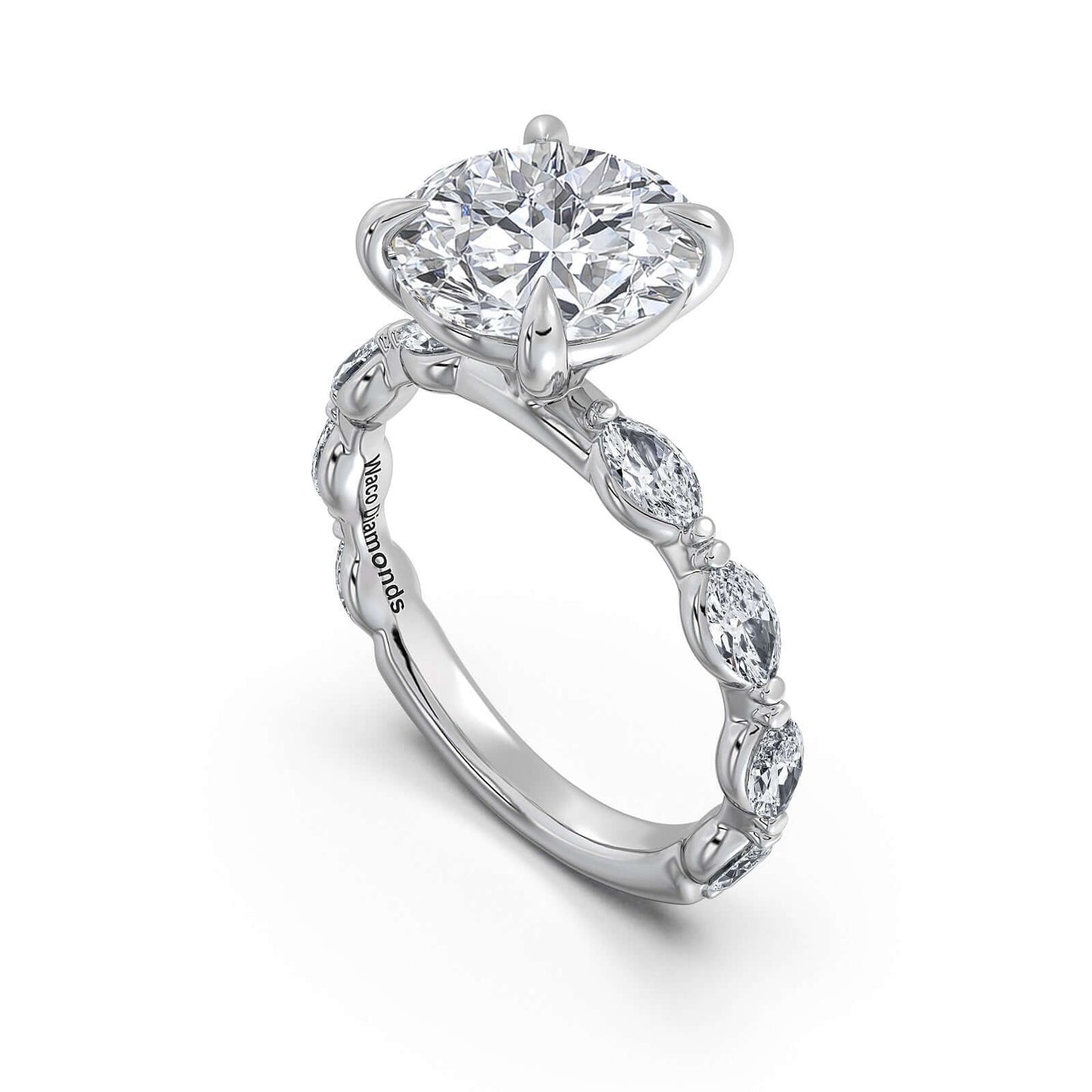 White Gold Round Diamond Engagement Ring with Marquise Side Stone Band | Waco Diamonds Is Located In Waco, TX | Central Texas' #1 Engagement Ring Store With Lifetime Warranty