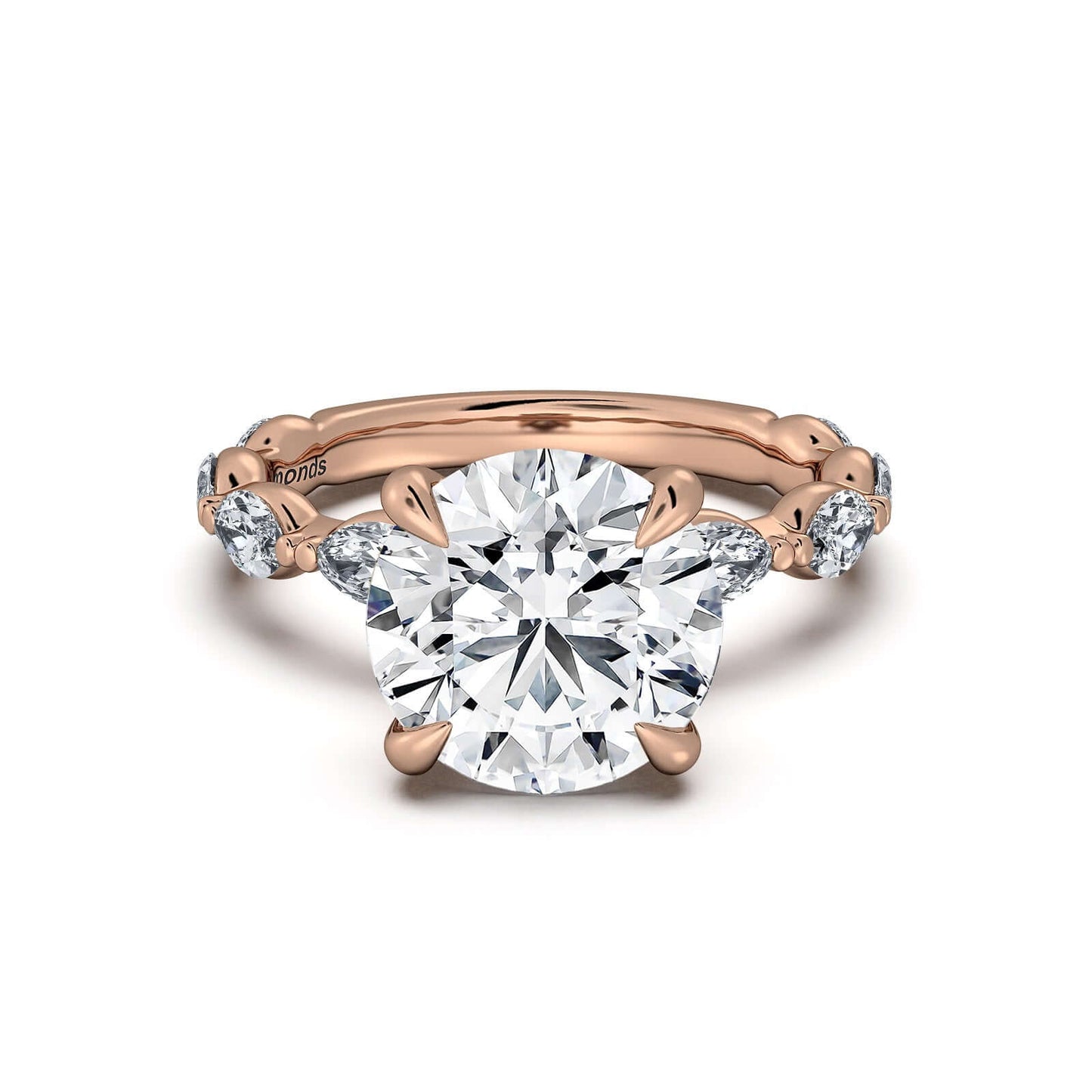 Rose Gold Round Diamond Engagement Ring with Marquise Side Stone Band | Waco Diamonds Is Located In Waco, TX | Central Texas' #1 Engagement Ring Store With Lifetime Warranty