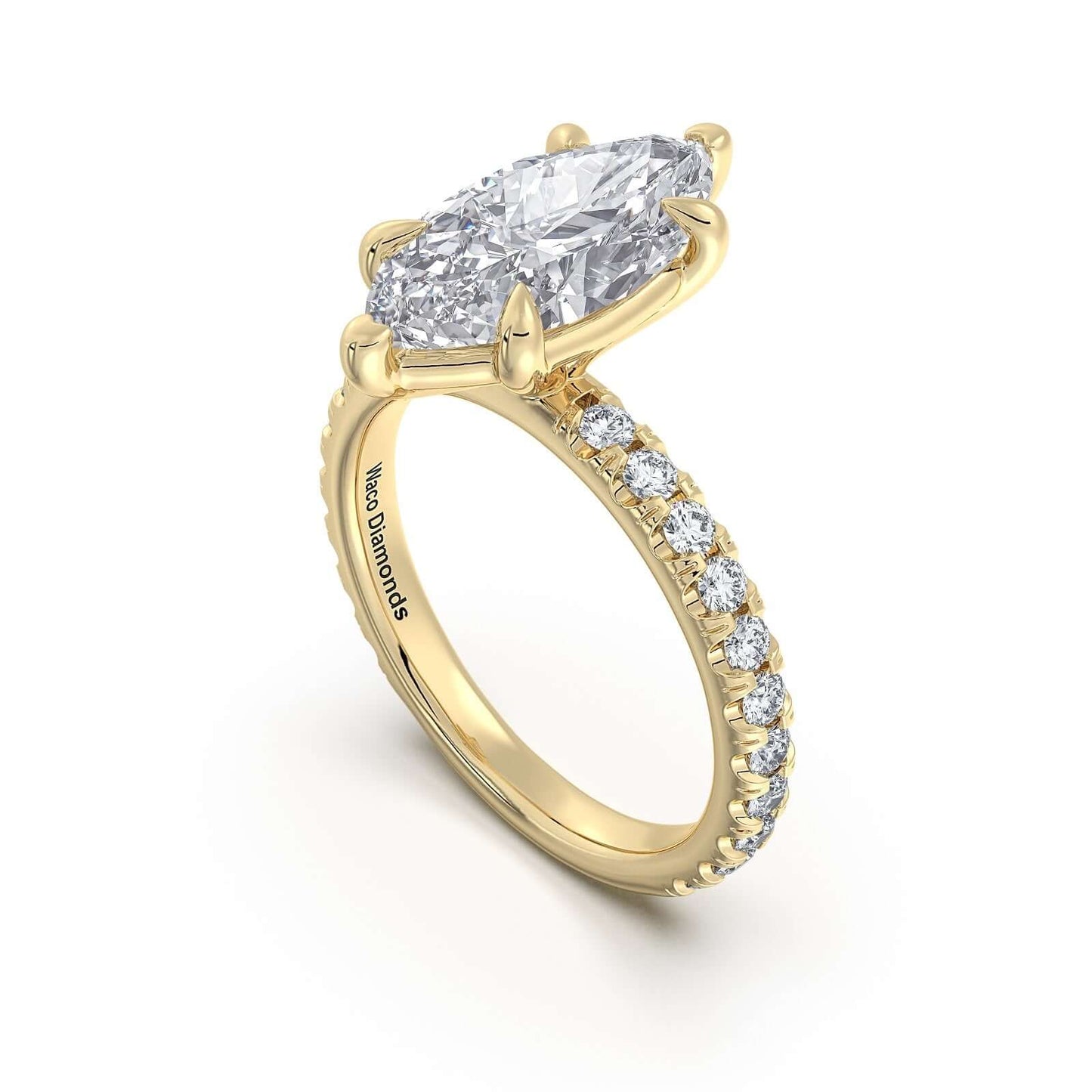 Yellow Gold Marquise Diamond Engagement Ring with Pave Band | Waco Diamonds Is Located In Waco, TX | Central Texas' #1 Engagement Ring Store With Lifetime Warranty