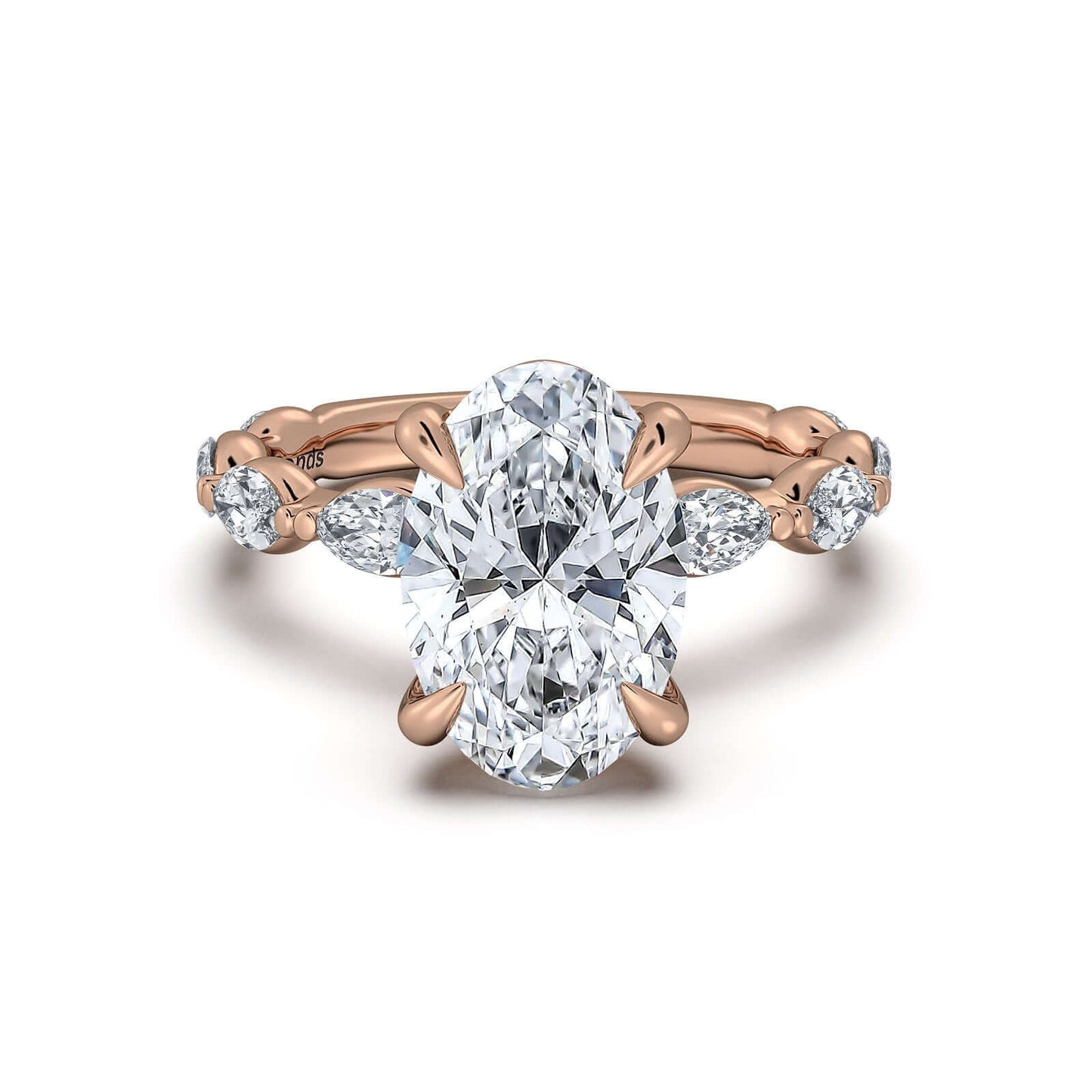 Rose Gold Oval Diamond Engagement Ring with Marquise Side Stone Band | Waco Diamonds Is Located In Waco, TX | Central Texas' #1 Engagement Ring Store With Lifetime Warranty