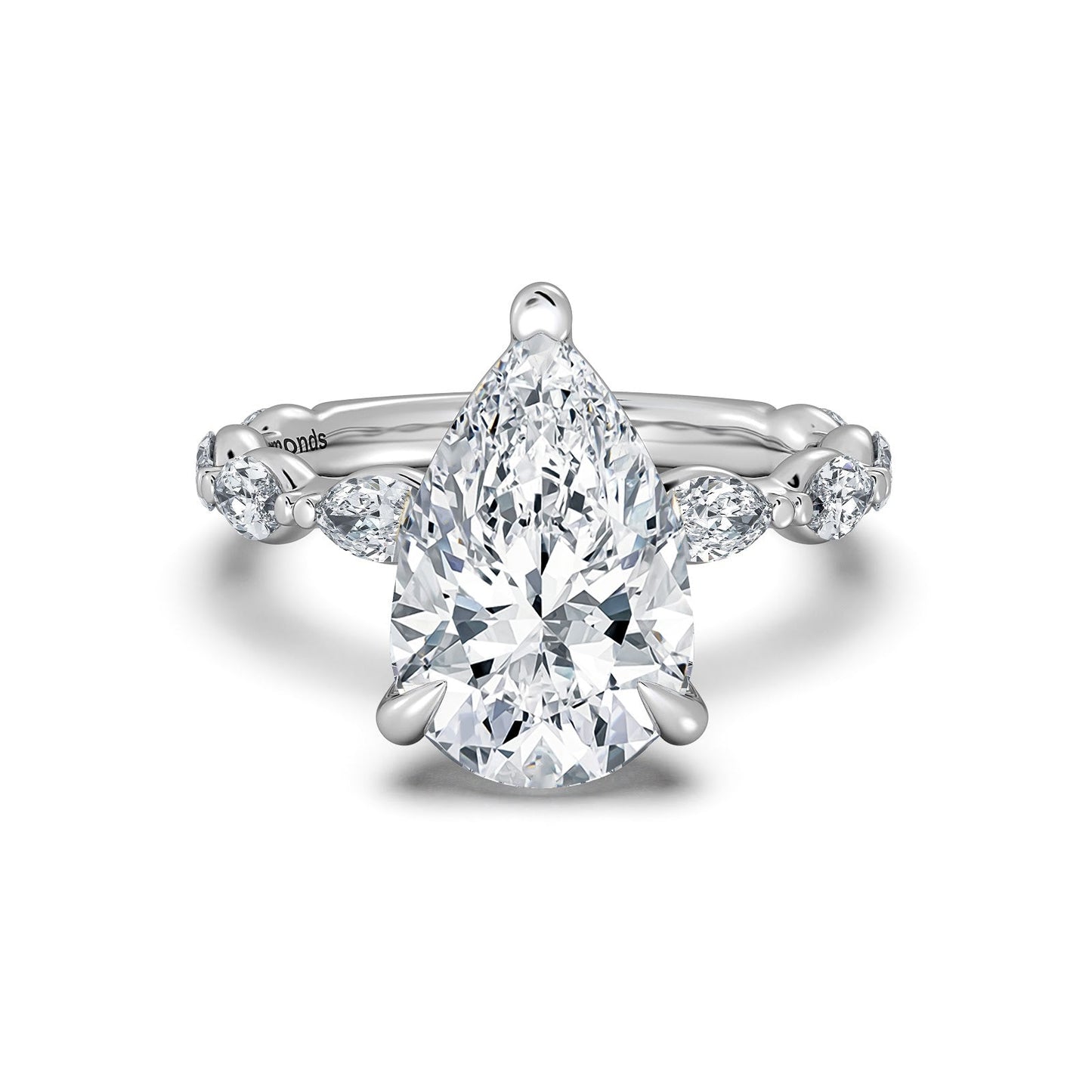 White Gold Pear Diamond Engagement Ring with Marquise Side Stone Band | Waco Diamonds Is Located In Waco, TX | Central Texas' #1 Engagement Ring Store With Lifetime Warranty
