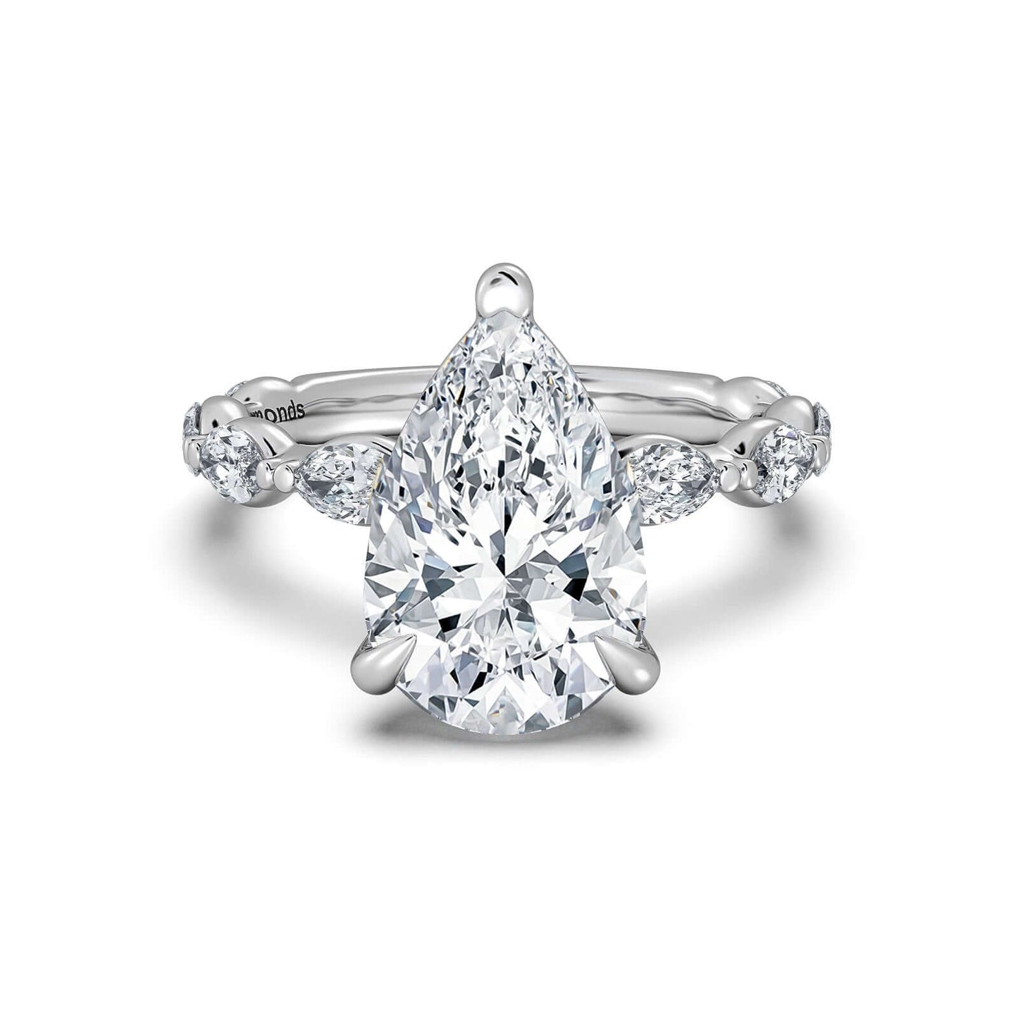 White Gold Pear Diamond Engagement Ring with Marquise Side Stone Band | Waco Diamonds Is Located In Waco, TX | Central Texas' #1 Engagement Ring Store With Lifetime Warranty