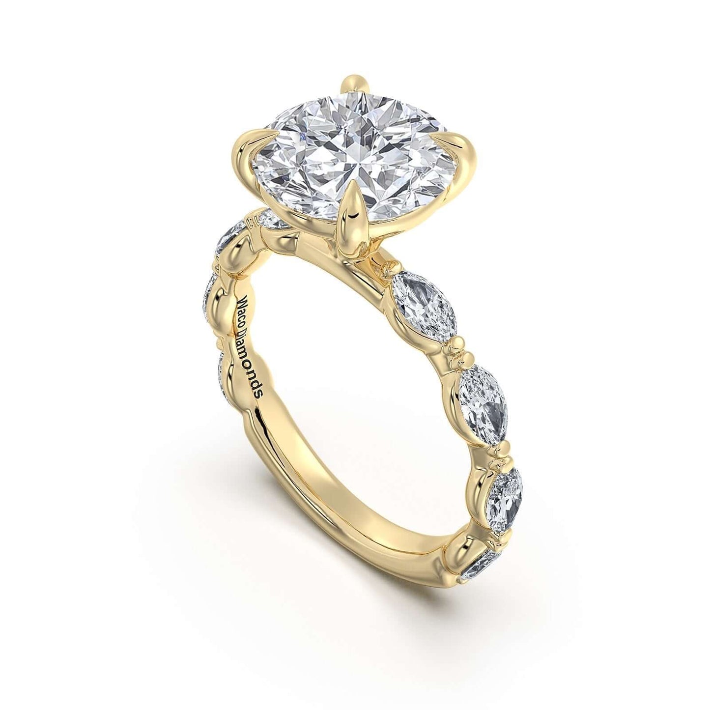 Yellow Gold Round Diamond Engagement Ring with Marquise Side Stone Band | Waco Diamonds Is Located In Waco, TX | Central Texas' #1 Engagement Ring Store With Lifetime Warranty