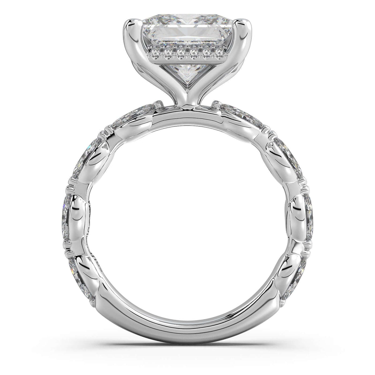 White Gold Princess Diamond Engagement Ring with Marquise Side Stone Band Profile View | Waco Diamonds Is Located In Waco, TX | Central Texas' #1 Engagement Ring Store With Lifetime Warranty
