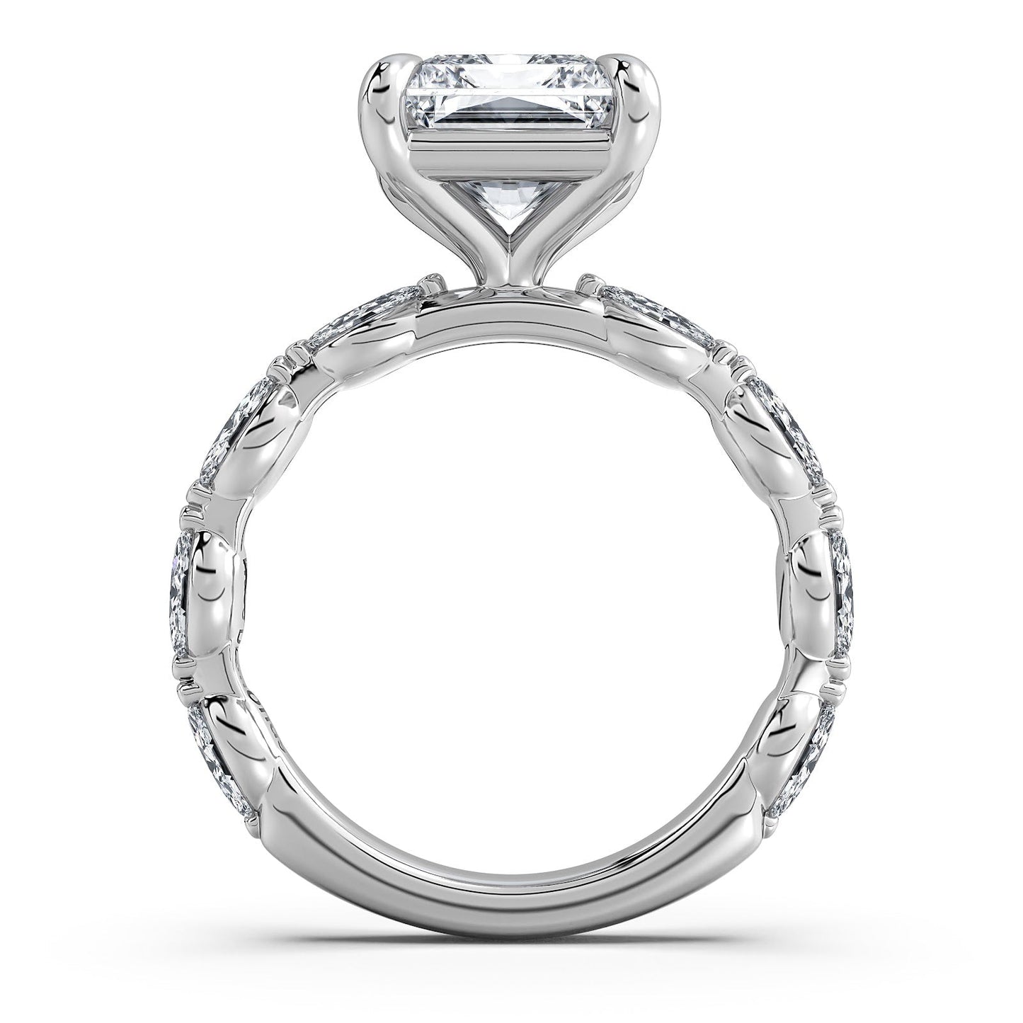 White Gold Radiant Diamond Engagement Ring with Marquise Side Stone Band Profile View | Waco Diamonds Is Located In Waco, TX | Central Texas' #1 Engagement Ring Store With Lifetime Warranty