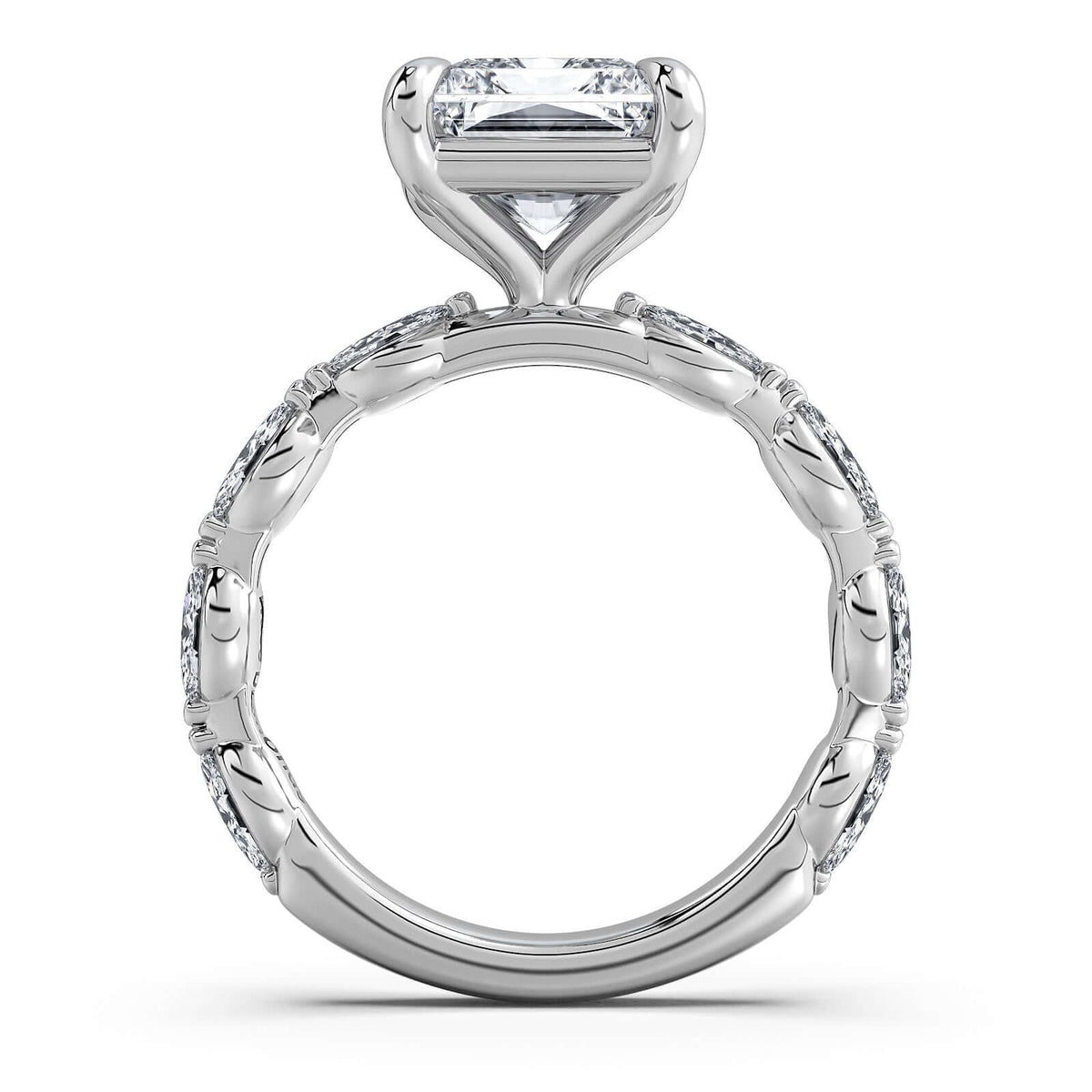 White Gold Radiant Diamond Engagement Ring with Marquise Side Stone Band Profile View | Waco Diamonds Is Located In Waco, TX | Central Texas' #1 Engagement Ring Store With Lifetime Warranty