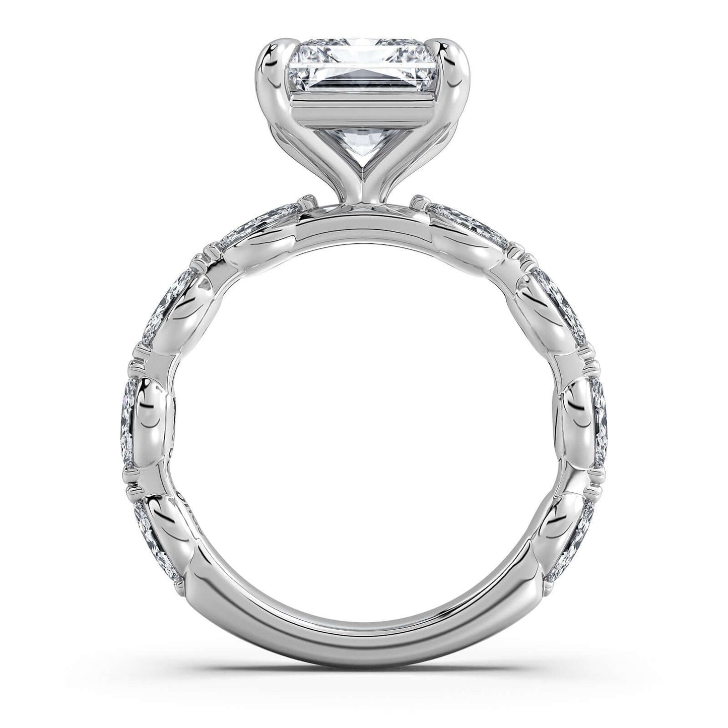 White Gold Radiant Diamond Engagement Ring with Marquise Side Stone Band | Waco Diamonds Is Located In Waco, TX | Central Texas' #1 Engagement Ring Store With Lifetime Warranty