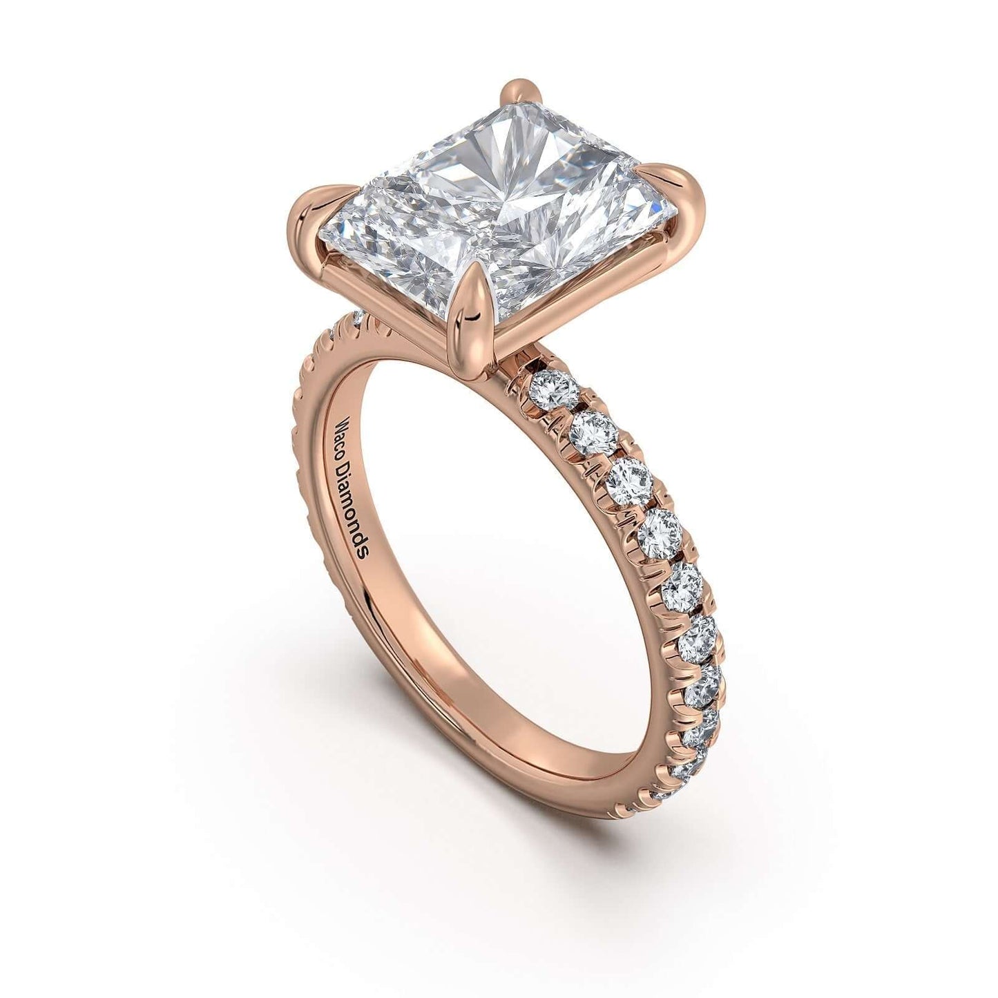 Rose Gold Radiant Diamond Engagement Ring with Pave Band | Waco Diamonds Is Located In Waco, TX | Central Texas' #1 Engagement Ring Store With Lifetime Warranty