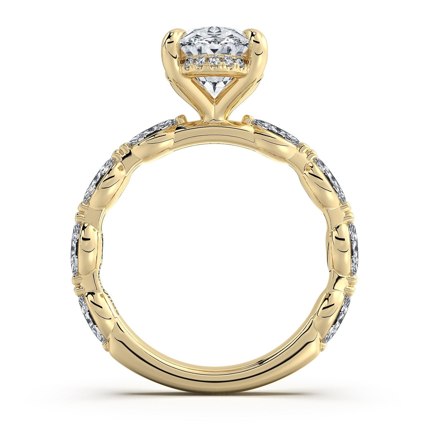 Yellow Gold Oval Diamond Engagement Ring with Marquise Side Stone Band Profile View | Waco Diamonds Is Located In Waco, TX | Central Texas' #1 Engagement Ring Store With Lifetime Warranty