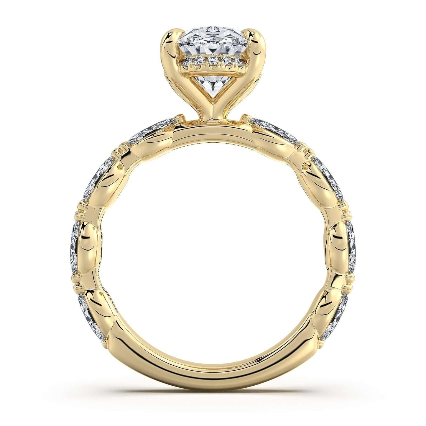 Yellow Gold Oval Diamond Engagement Ring with Marquise Side Stone Band | Waco Diamonds Is Located In Waco, TX | Central Texas' #1 Engagement Ring Store With Lifetime Warranty
