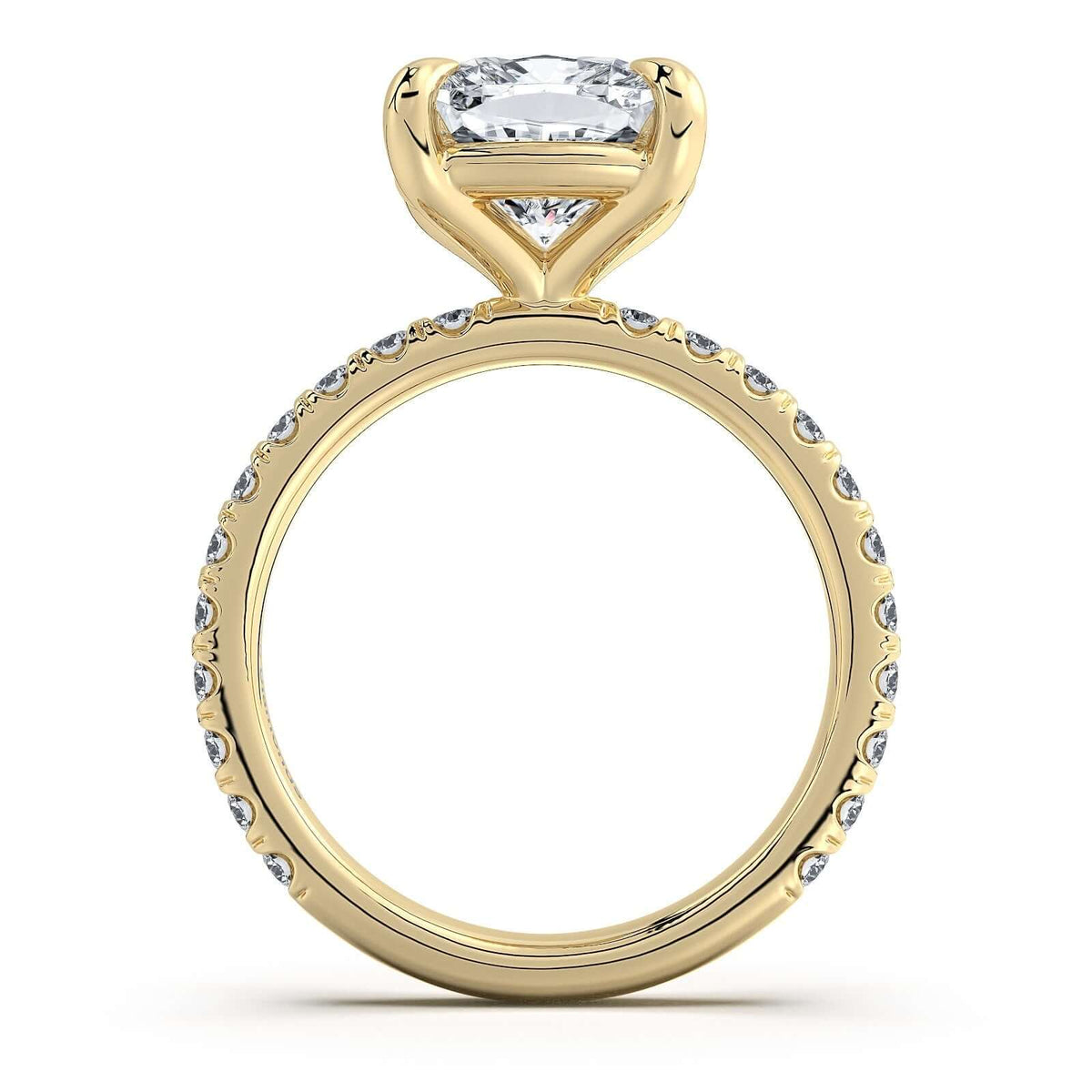 Yellow Gold Cushion Diamond Engagement Ring with Pave Band Profile View | Waco Diamonds Is Located In Waco, TX | Central Texas' #1 Engagement Ring Store With Lifetime Warranty