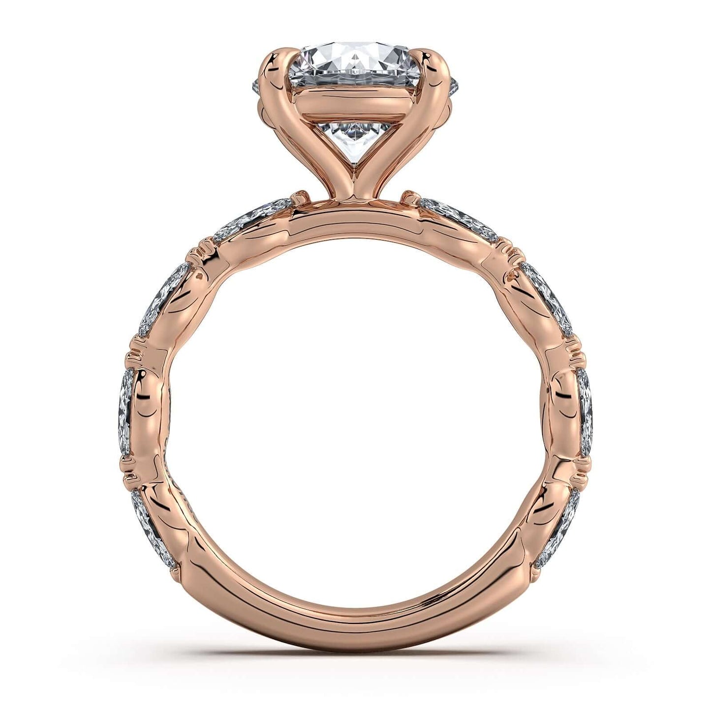 Rose Gold Round Diamond Engagement Ring with Marquise Side Stone Band | Waco Diamonds Is Located In Waco, TX | Central Texas' #1 Engagement Ring Store With Lifetime Warranty