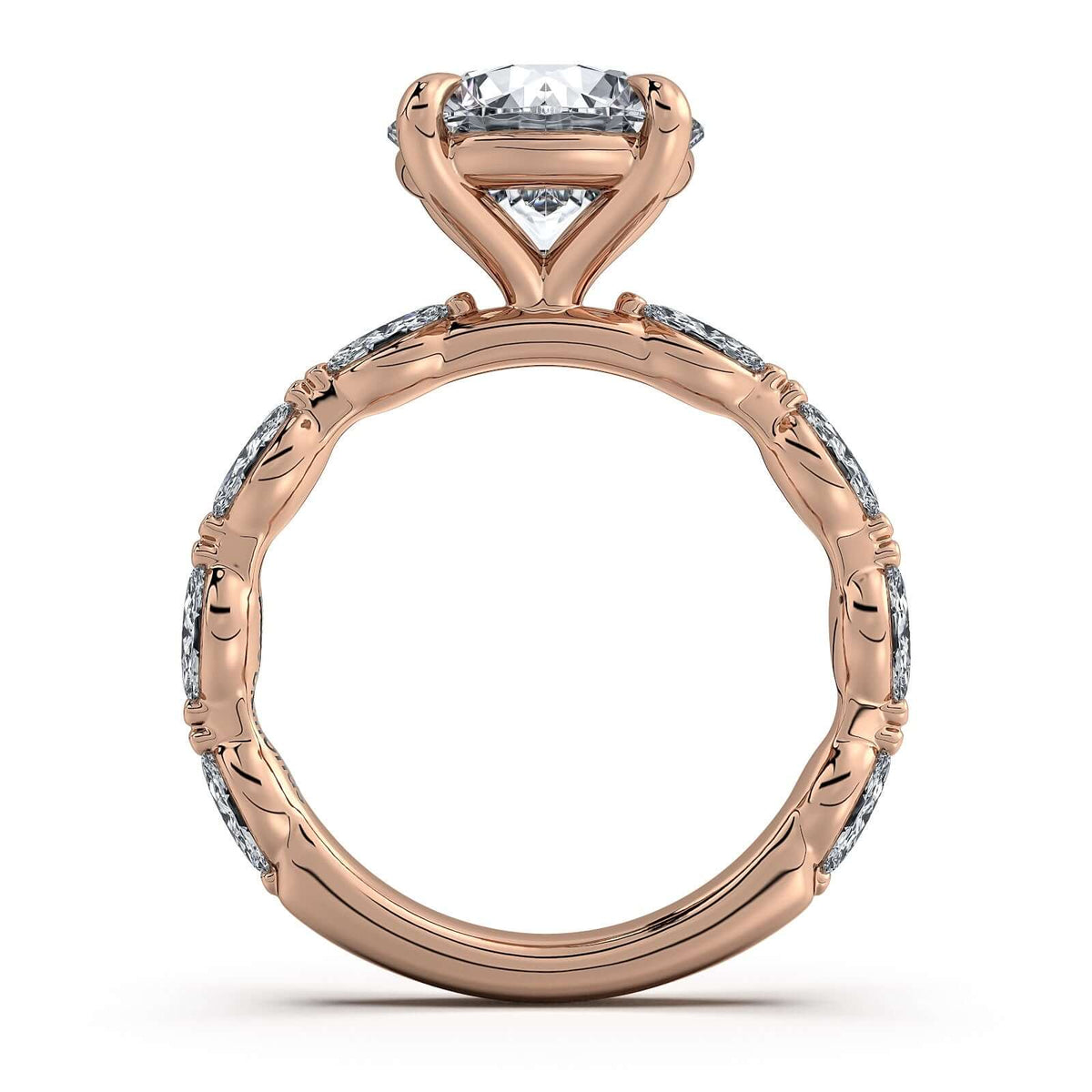 Rose Gold Round Diamond Engagement Ring with Marquise Side Stone Band Profile View | Waco Diamonds Is Located In Waco, TX | Central Texas' #1 Engagement Ring Store With Lifetime Warranty