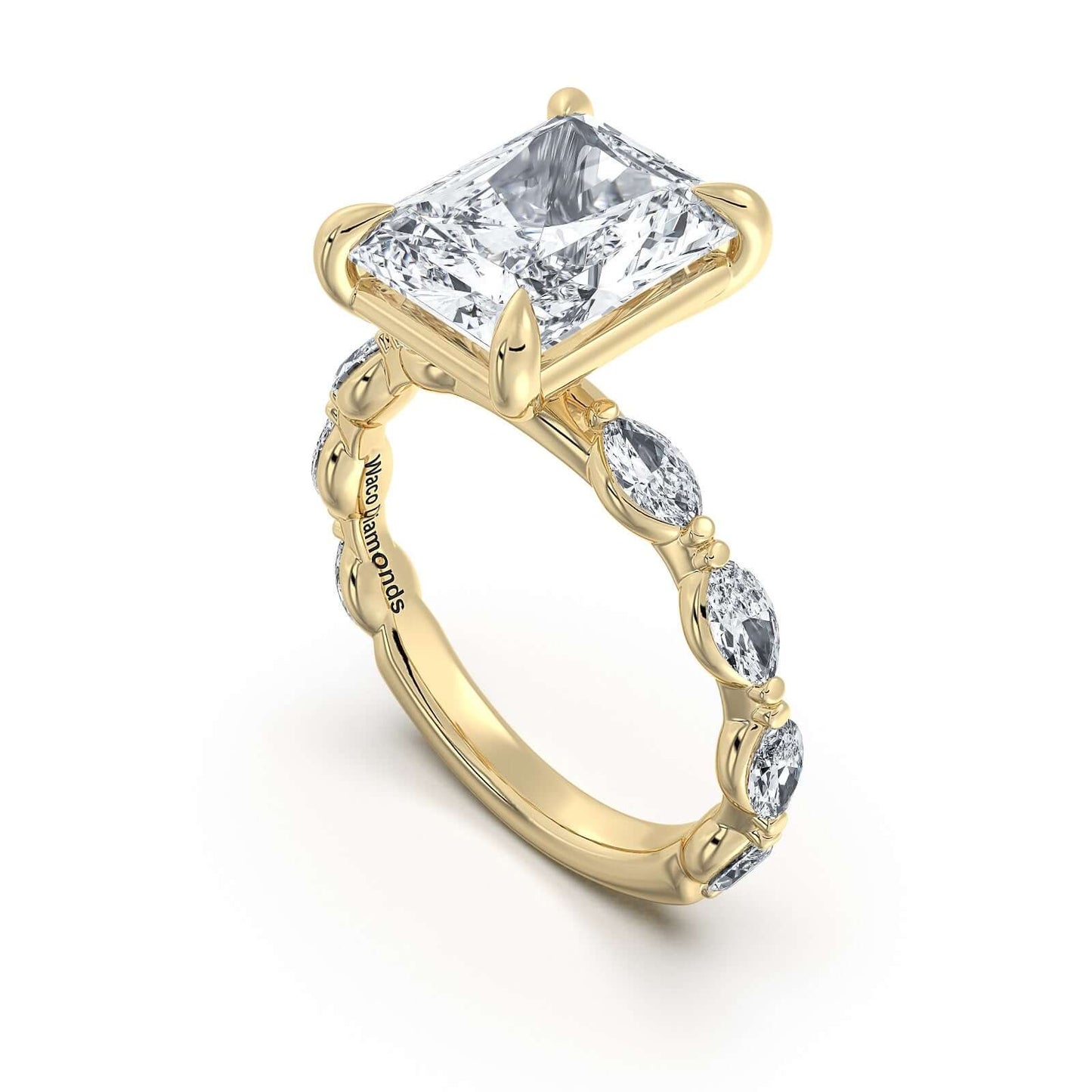 Yellow Gold Radiant Diamond Engagement Ring with Marquise Side Stone Band | Waco Diamonds Is Located In Waco, TX | Central Texas' #1 Engagement Ring Store With Lifetime Warranty