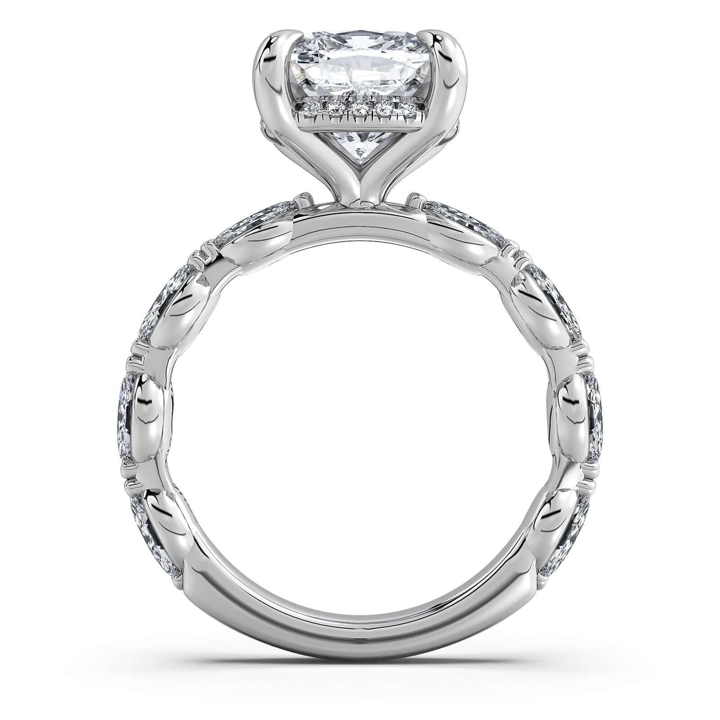 White Gold Cushion Diamond Engagement Ring with Marquise Side Stone Band | Waco Diamonds Is Located In Waco, TX | Central Texas' #1 Engagement Ring Store With Lifetime Warranty