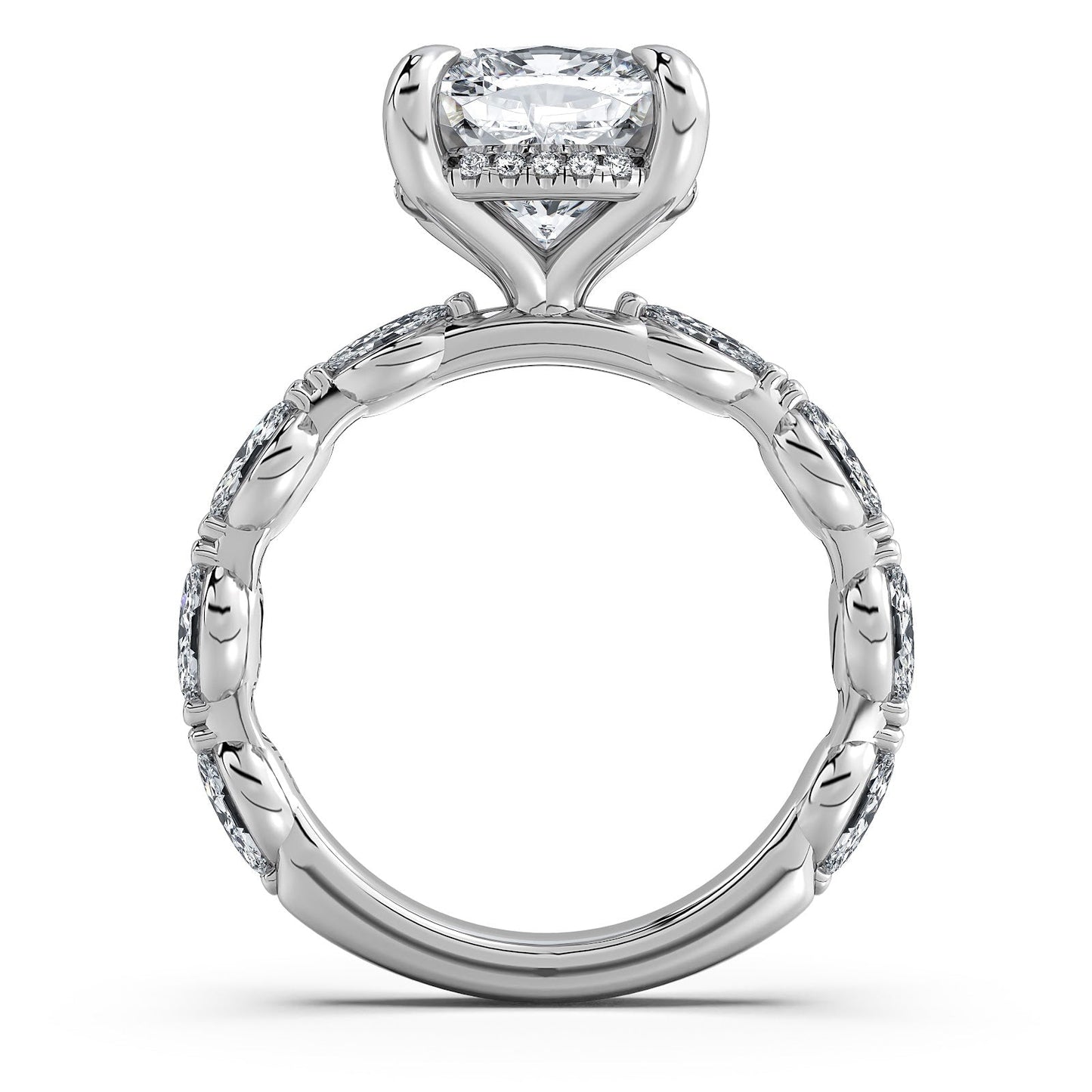 White Gold Cushion Diamond Engagement Ring with Marquise Side Stone Band Profile View | Waco Diamonds Is Located In Waco, TX | Central Texas' #1 Engagement Ring Store With Lifetime Warranty
