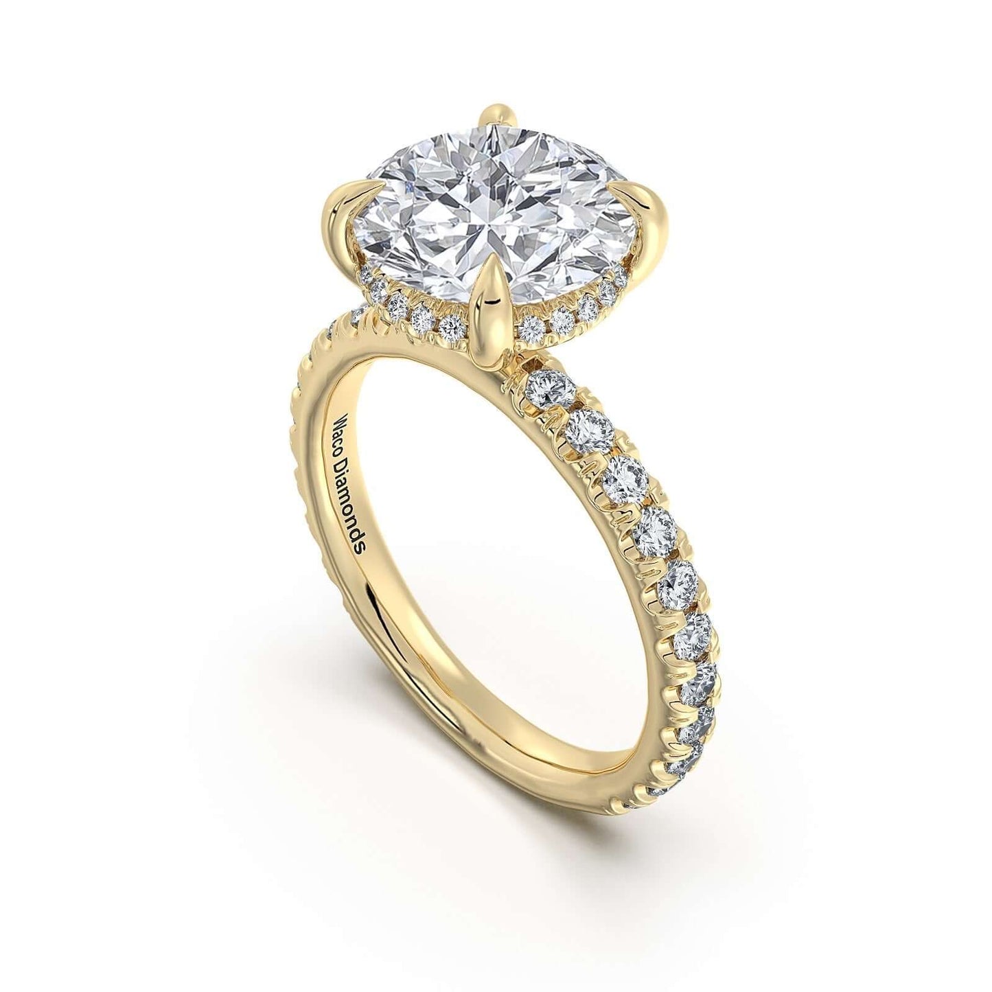 Yellow Gold Round Diamond Engagement Ring with Pave Band | Waco Diamonds Is Located In Waco, TX | Central Texas' #1 Engagement Ring Store With Lifetime Warranty
