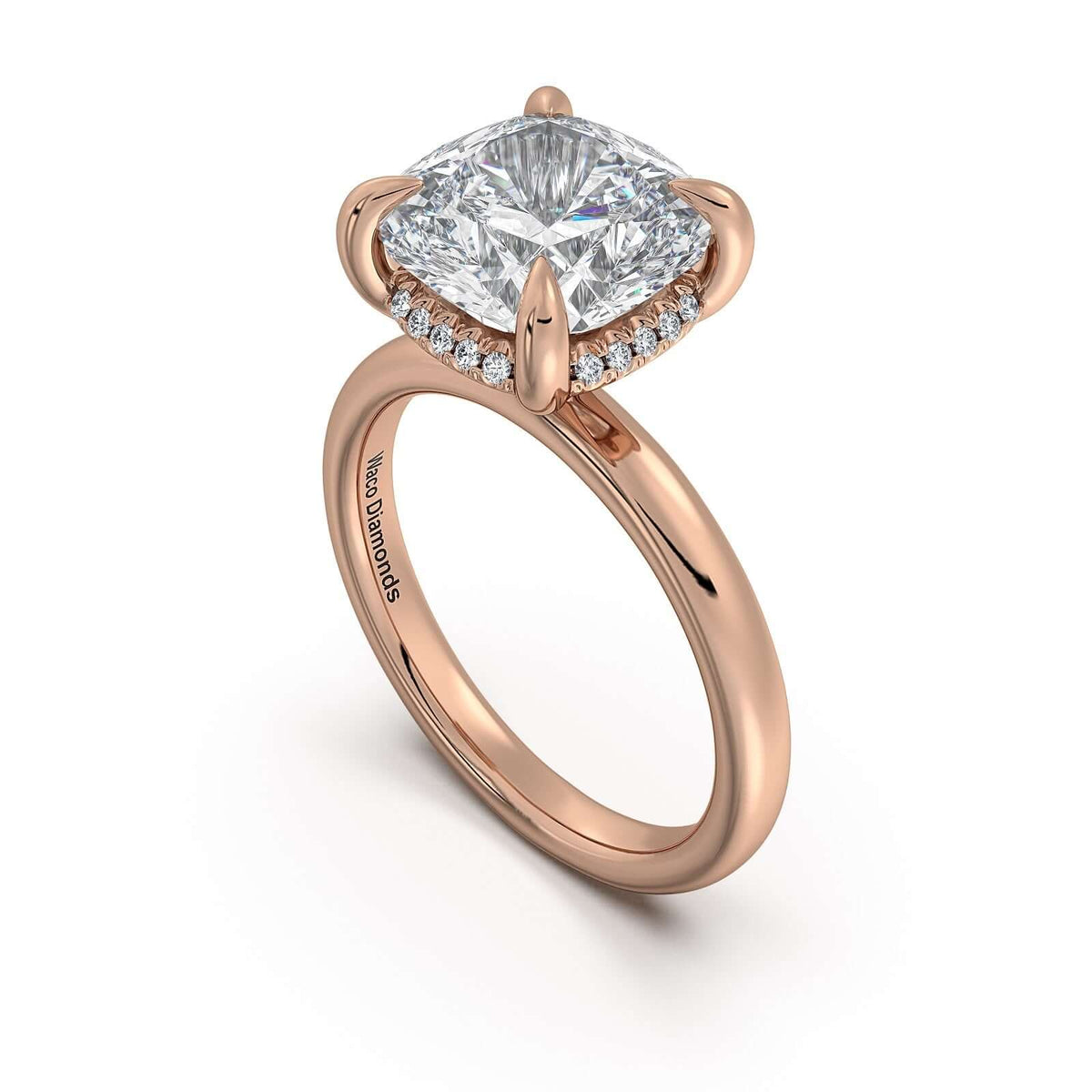 Rose Gold Cushion Diamond Engagement Ring with Solitaire Band Side Profile | Waco Diamonds Is Located In Waco, TX | Central Texas' #1 Engagement Ring Store With Lifetime Warranty