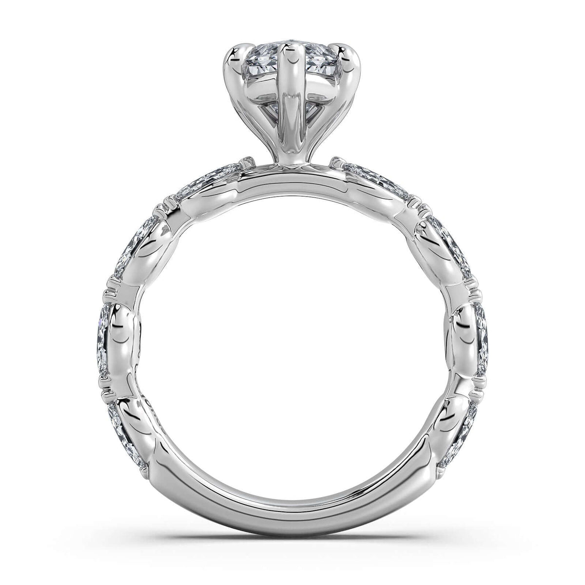 White Gold Marquise Diamond Engagement Ring with Marquise Side Stone Band Profile View | Waco Diamonds Is Located In Waco, TX | Central Texas' #1 Engagement Ring Store With Lifetime Warranty