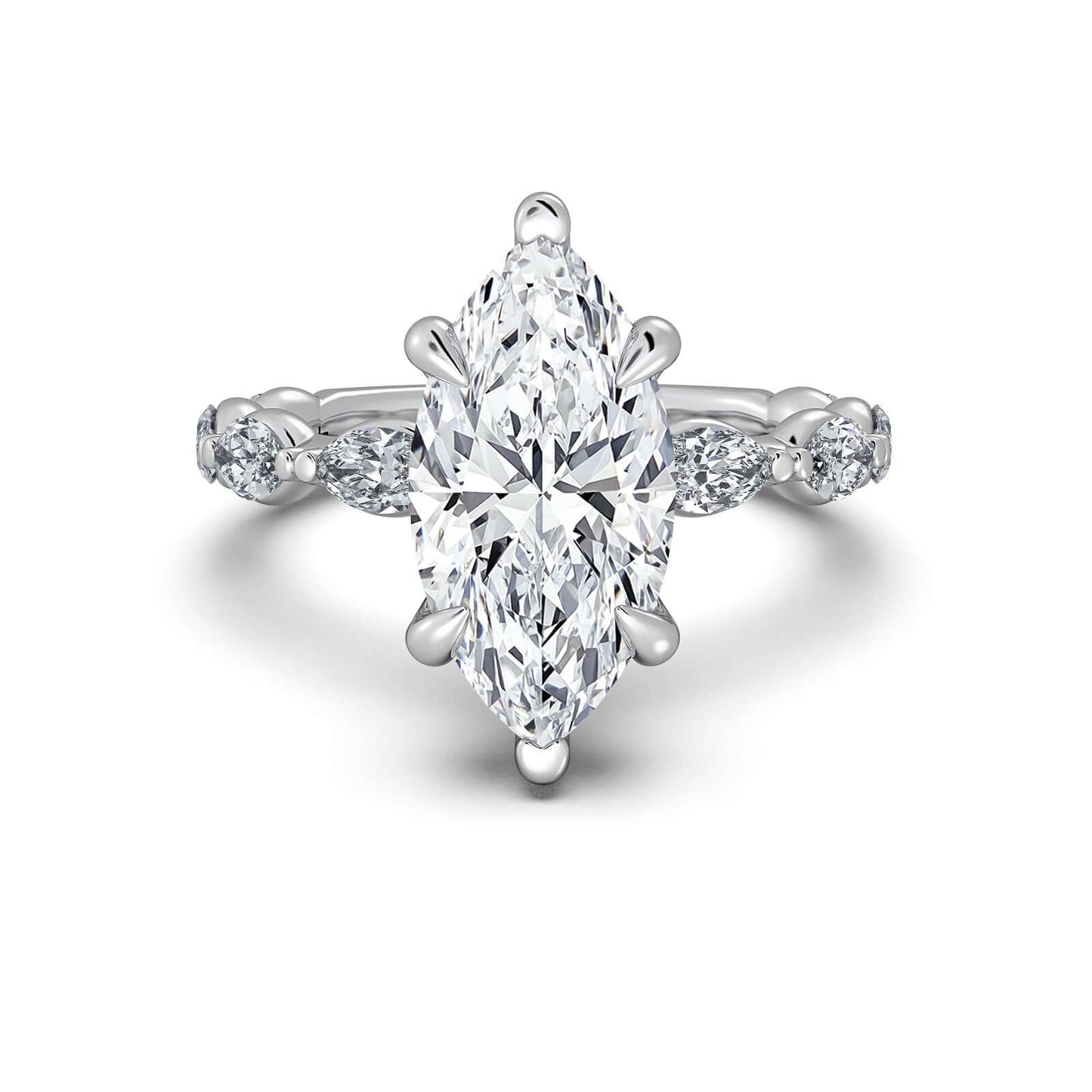 White Gold Marquise Diamond Engagement Ring with Marquise Side Stone Band | Waco Diamonds Is Located In Waco, TX | Central Texas' #1 Engagement Ring Store With Lifetime Warranty