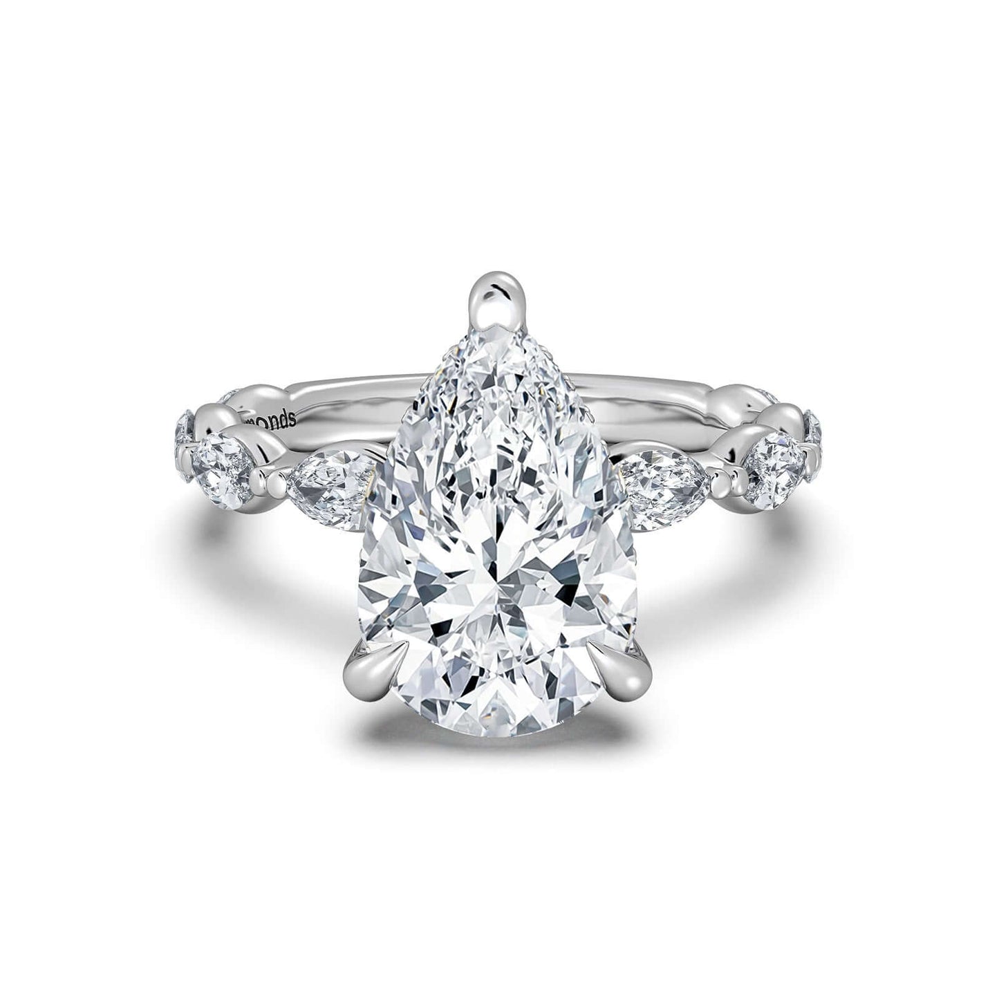 White Gold Pear Diamond Engagement Ring with Marquise Side Stone Band | Waco Diamonds Is Located In Waco, TX | Central Texas' #1 Engagement Ring Store With Lifetime Warranty