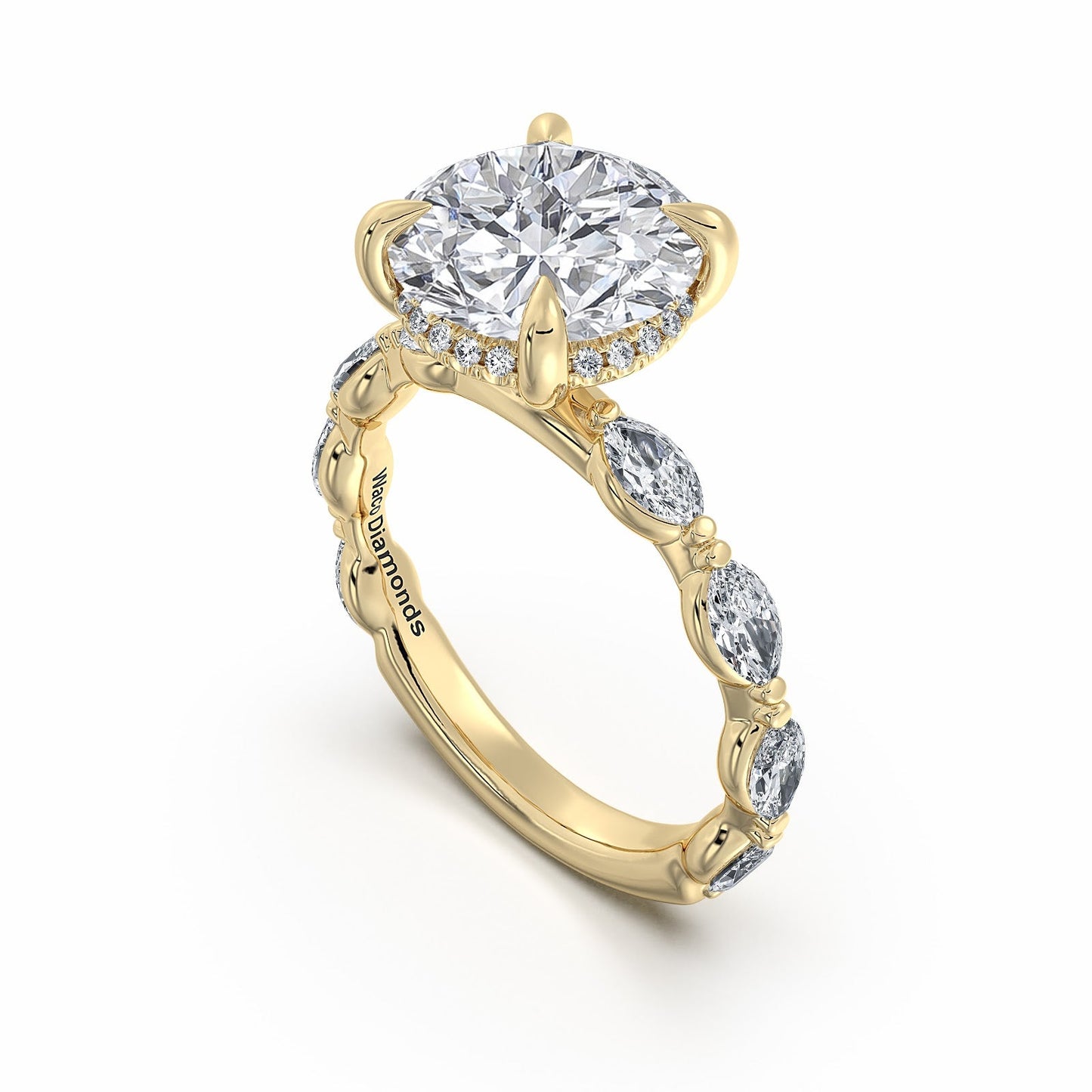 Yellow Gold Round Diamond Engagement Ring with Marquise Side Stone Band Side Profile | Waco Diamonds Is Located In Waco, TX | Central Texas' #1 Engagement Ring Store With Lifetime Warranty