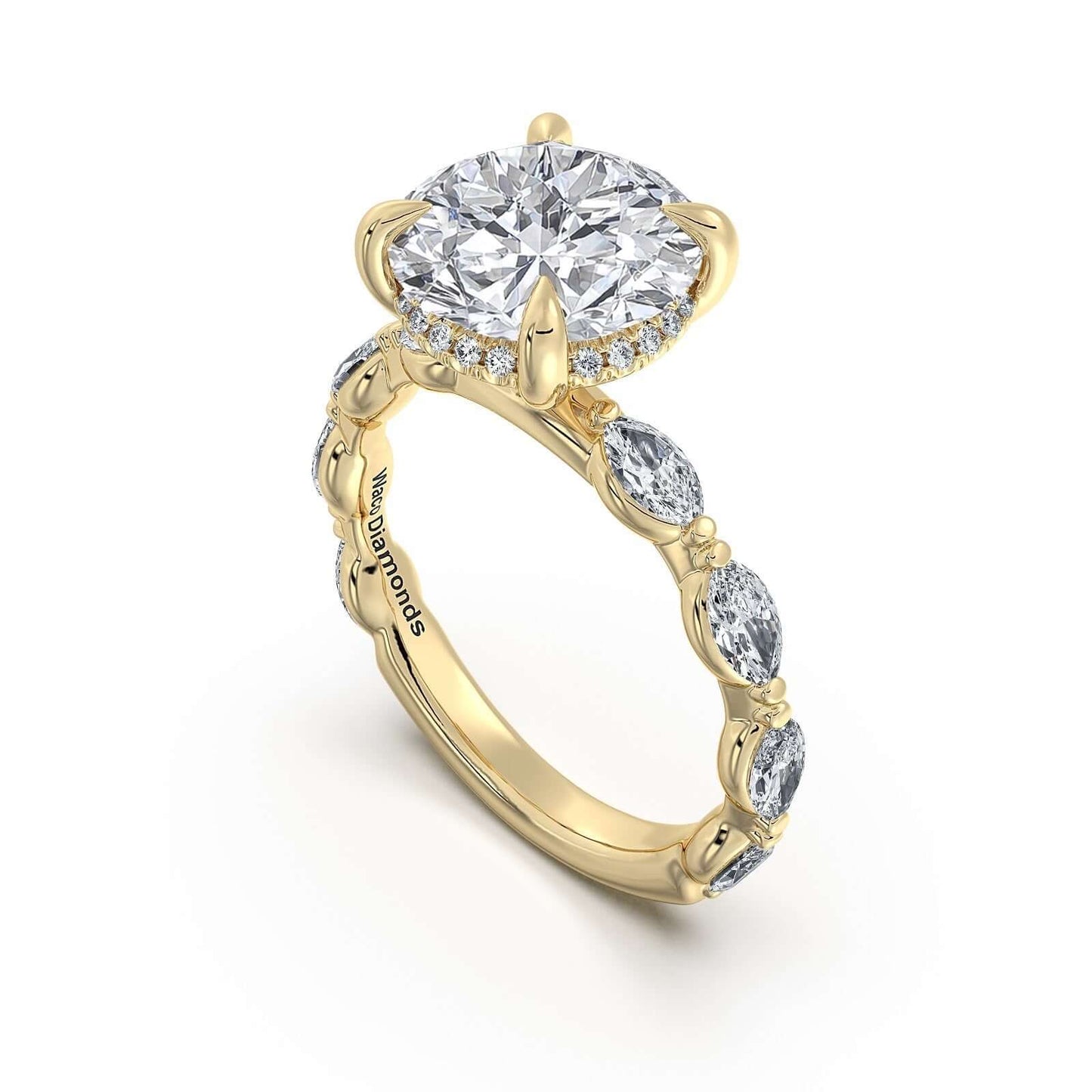 Yellow Gold Round Diamond Engagement Ring with Marquise Side Stone Band | Waco Diamonds Is Located In Waco, TX | Central Texas' #1 Engagement Ring Store With Lifetime Warranty