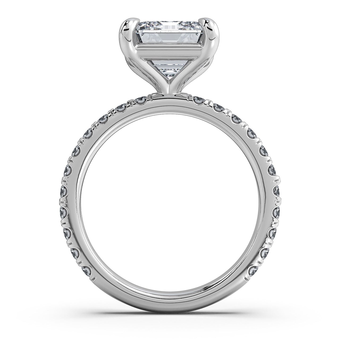 White Gold Emerald Diamond Engagement Ring with Pave Band Profile View | Waco Diamonds Is Located In Waco, TX | Central Texas' #1 Engagement Ring Store With Lifetime Warranty