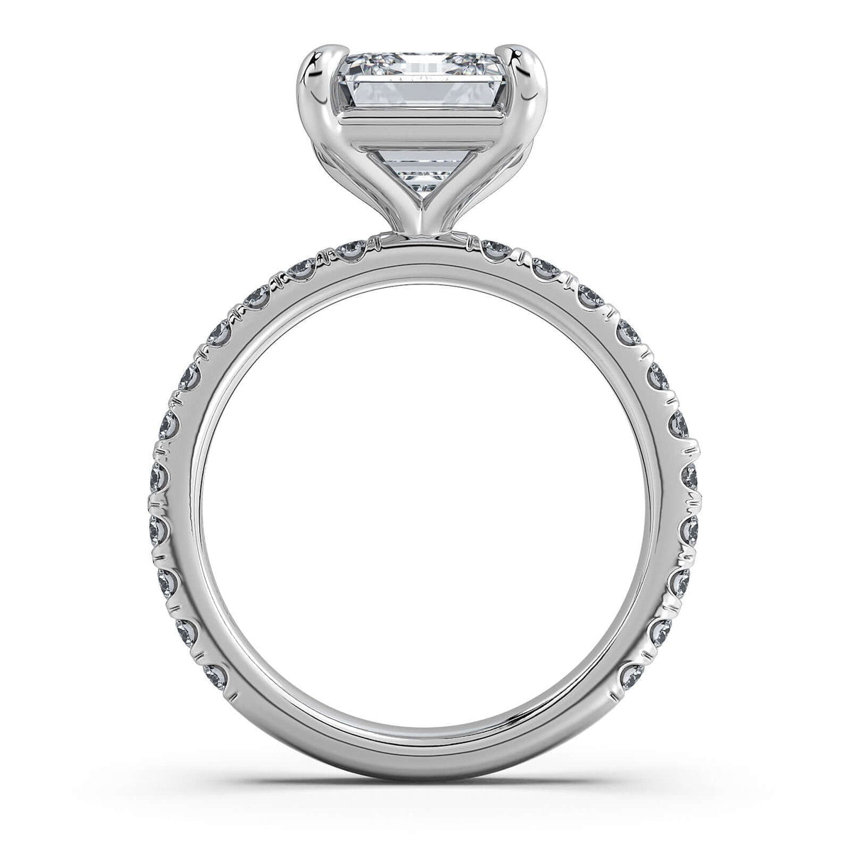 White Gold Emerald Diamond Engagement Ring with Pave Band Profile View | Waco Diamonds Is Located In Waco, TX | Central Texas' #1 Engagement Ring Store With Lifetime Warranty