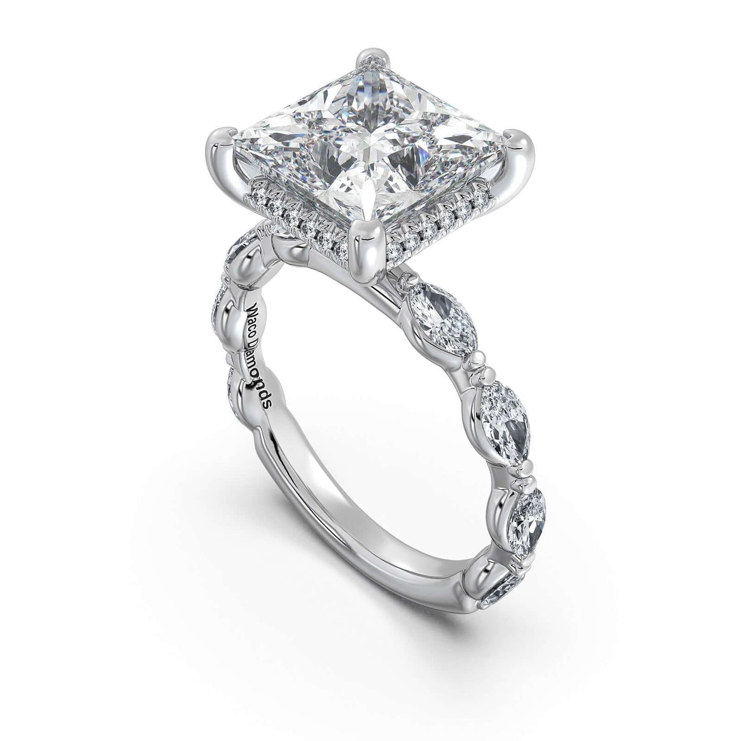 White Gold Princess Diamond Engagement Ring with Marquise Side Stone Band | Waco Diamonds Is Located In Waco, TX | Central Texas' #1 Engagement Ring Store With Lifetime Warranty
