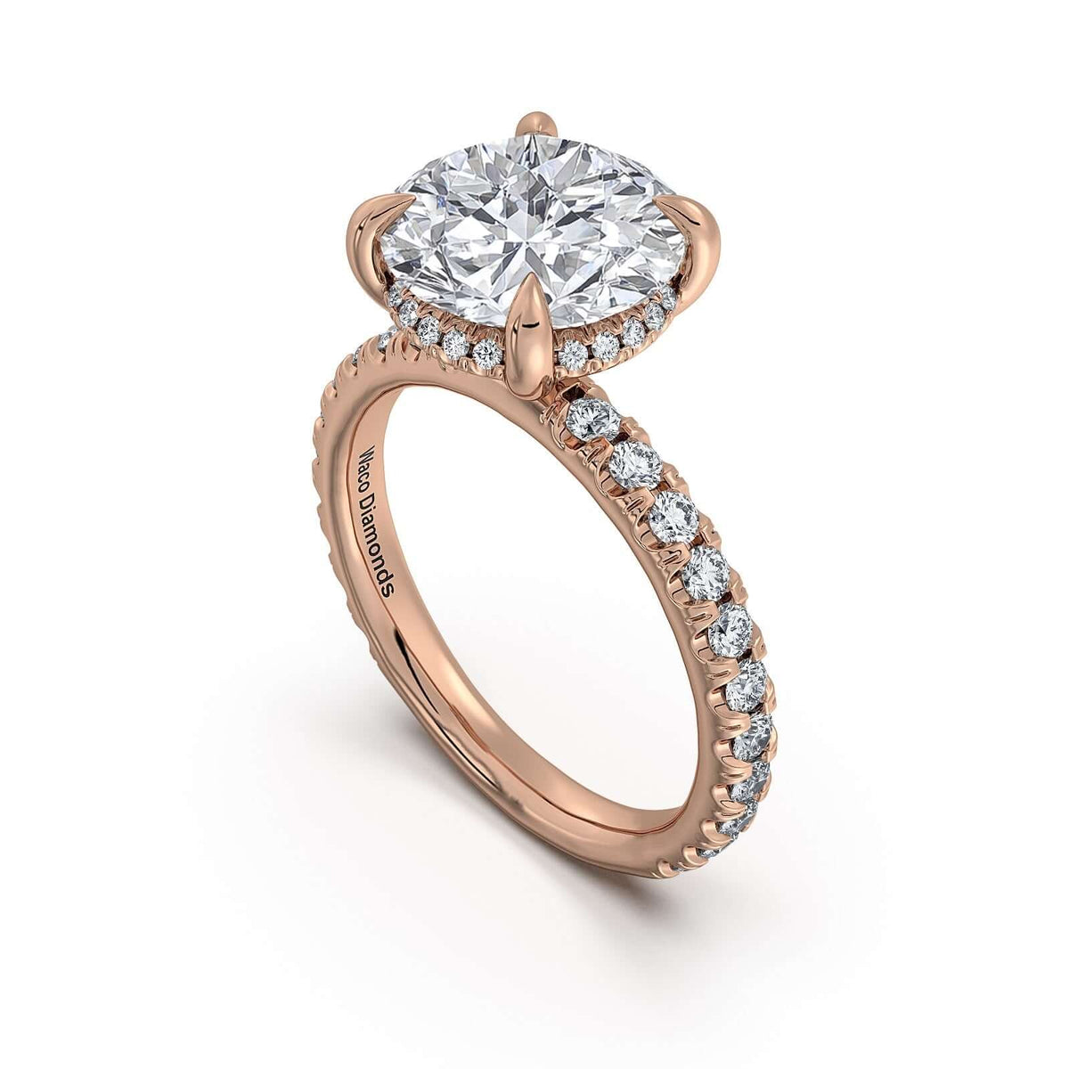 Rose Gold Round Diamond Engagement Ring with Pave Band Side Profile | Waco Diamonds Is Located In Waco, TX | Central Texas' #1 Engagement Ring Store With Lifetime Warranty