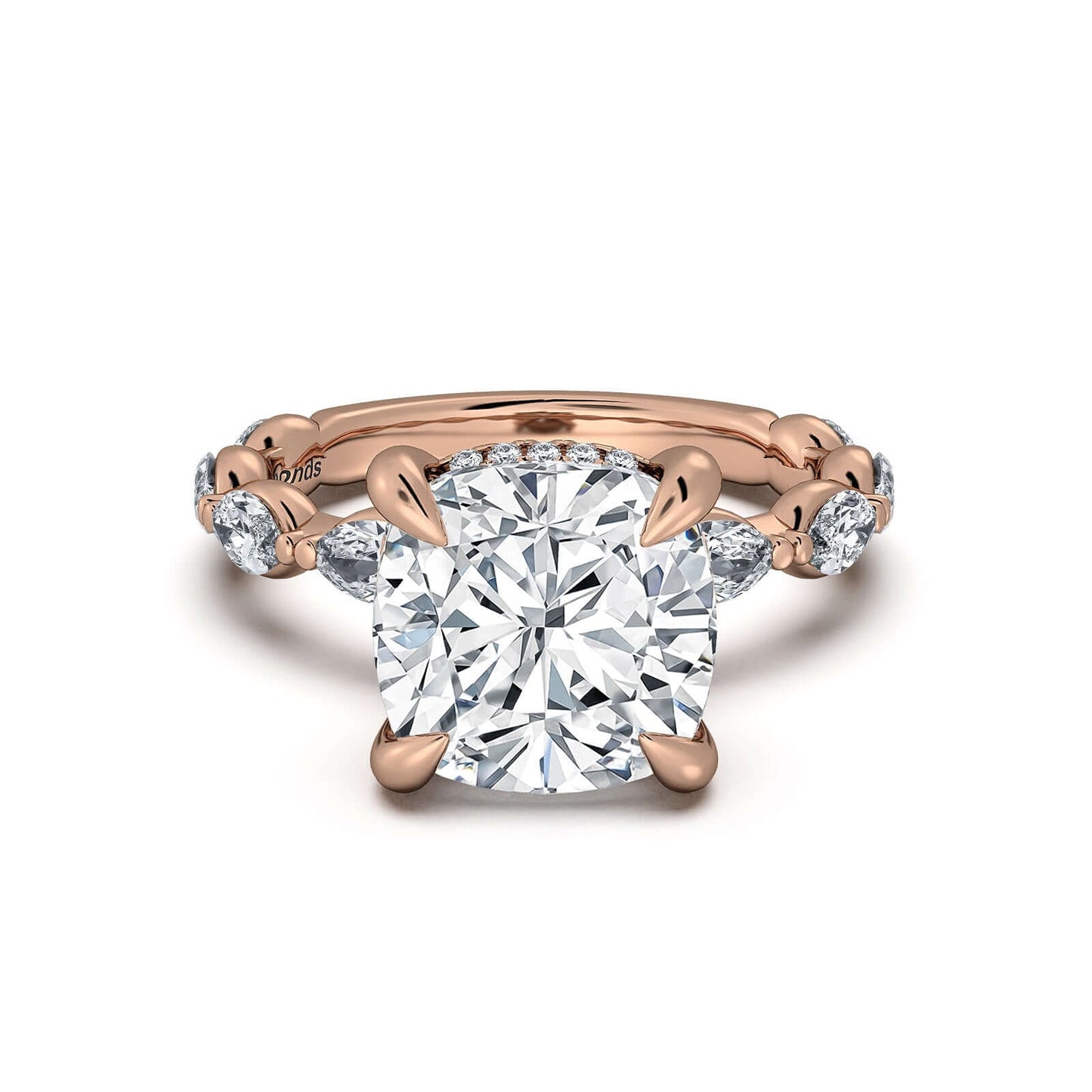 Rose Gold Cushion Diamond Engagement Ring with Marquise Side Stone Band | Waco Diamonds Is Located In Waco, TX | Central Texas' #1 Engagement Ring Store With Lifetime Warranty