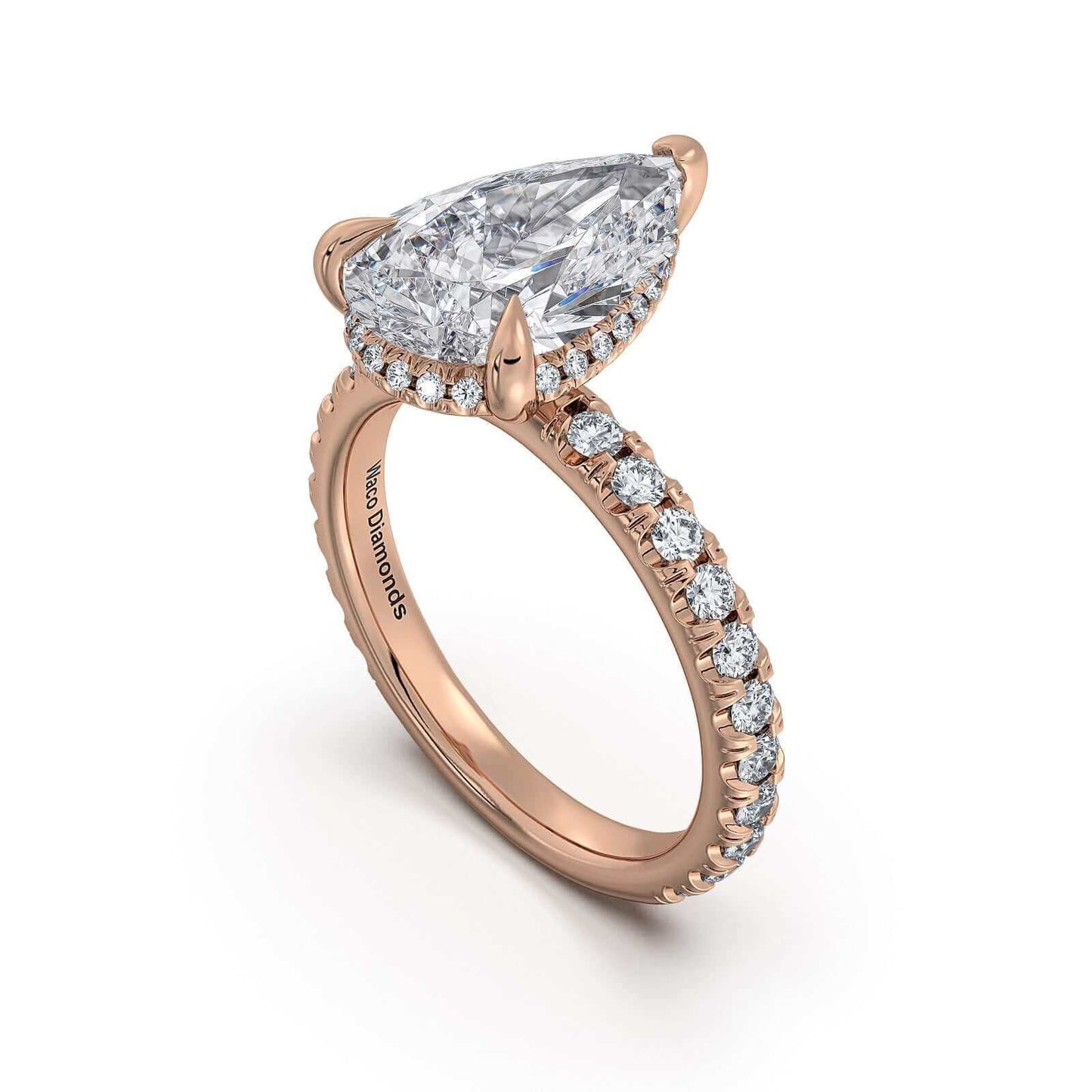 Rose Gold Pear Diamond Engagement Ring with Pave Band With Hidden Halo | Waco Diamonds Is Located In Waco, TX | Central Texas' #1 Engagement Ring Store With Lifetime Warranty