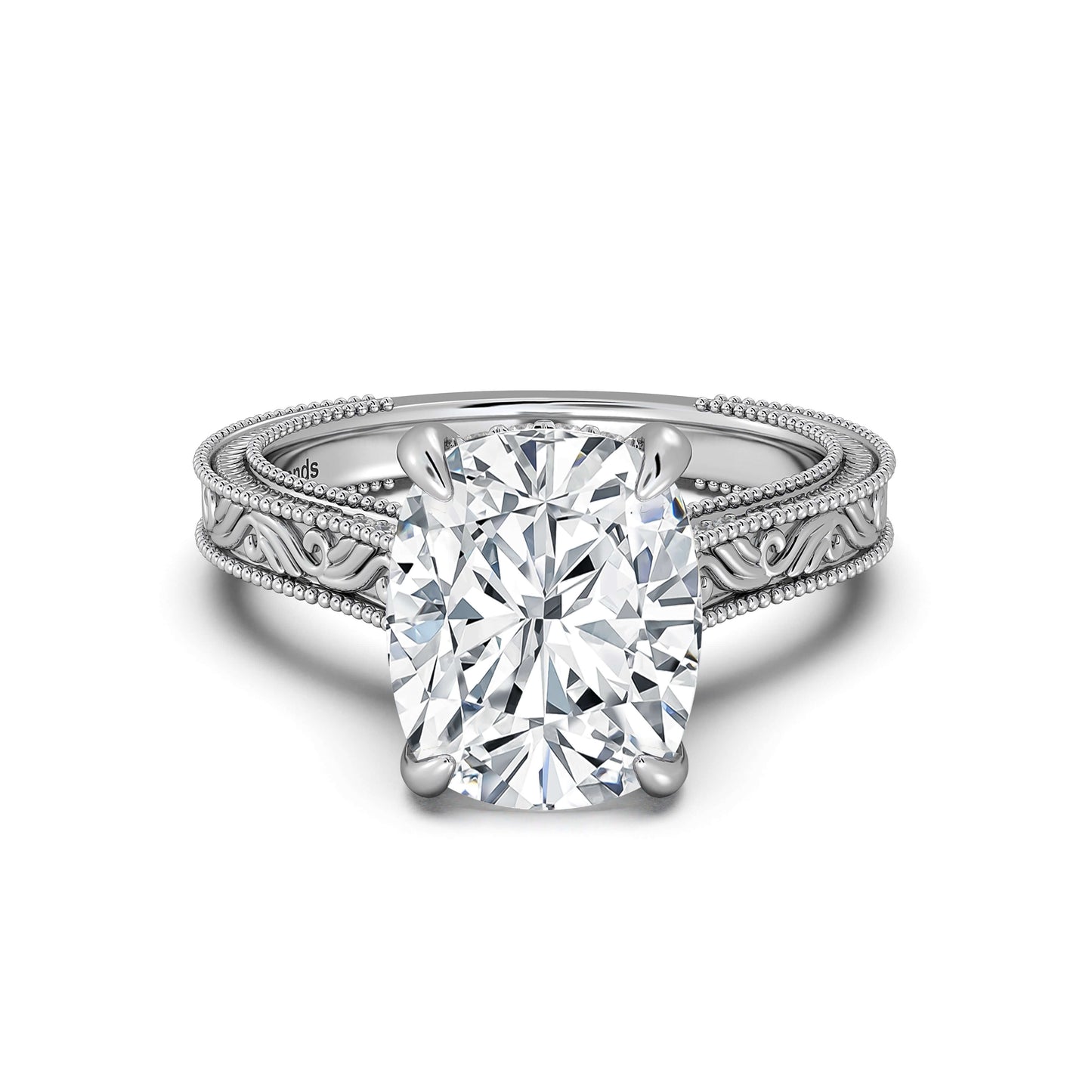 White Gold Cushion Hand-Engraved Diamond Engagement Ring | Waco Diamonds Is Located In Waco, TX | Central Texas' #1 Engagement Ring Store With Lifetime Warranty