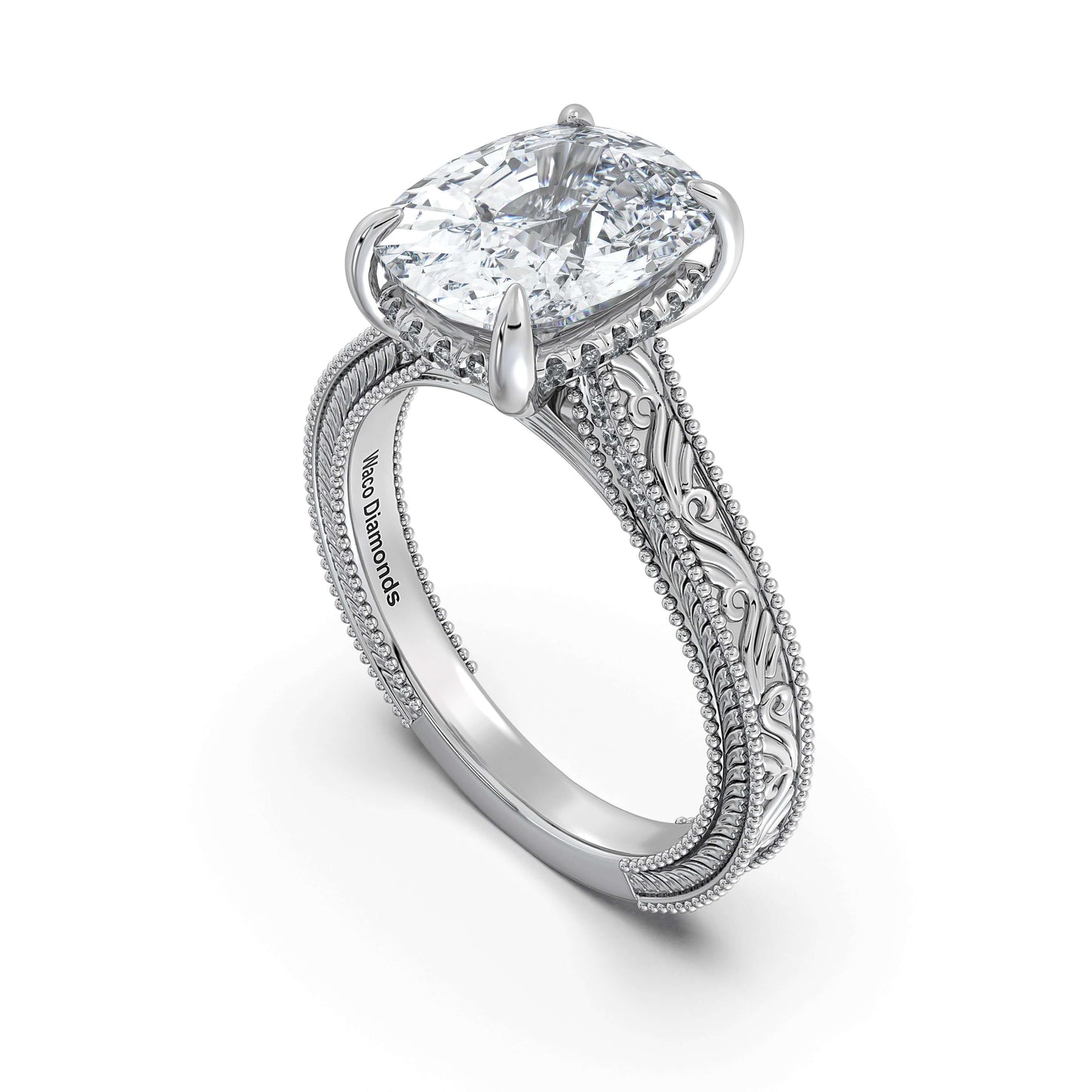 White Gold Cushion Hand-Engraved Diamond Engagement Ring Side Profile | Waco Diamonds Is Located In Waco, TX | Central Texas' #1 Engagement Ring Store With Lifetime Warranty