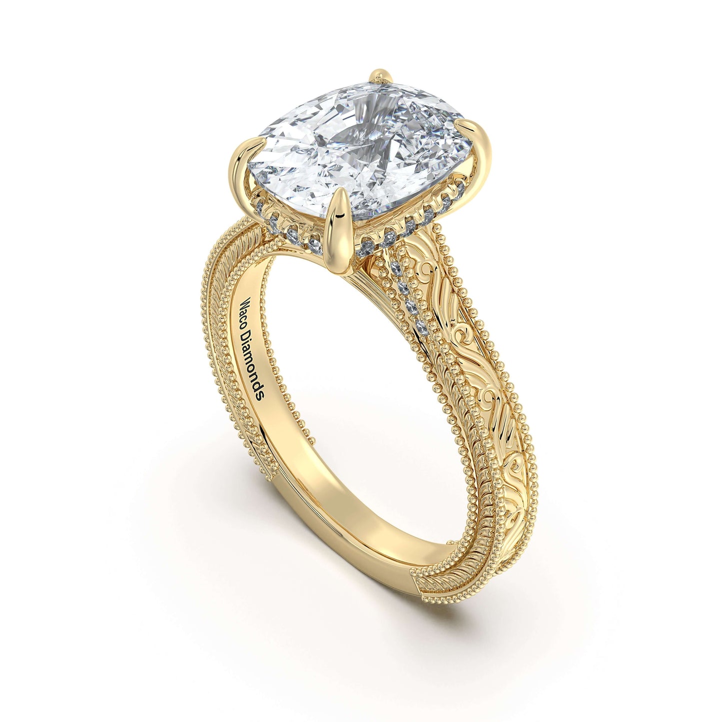 Yellow Gold Cushion Hand-Engraved Diamond Engagement Ring Side Profile | Waco Diamonds Is Located In Waco, TX | Central Texas' #1 Engagement Ring Store With Lifetime Warranty