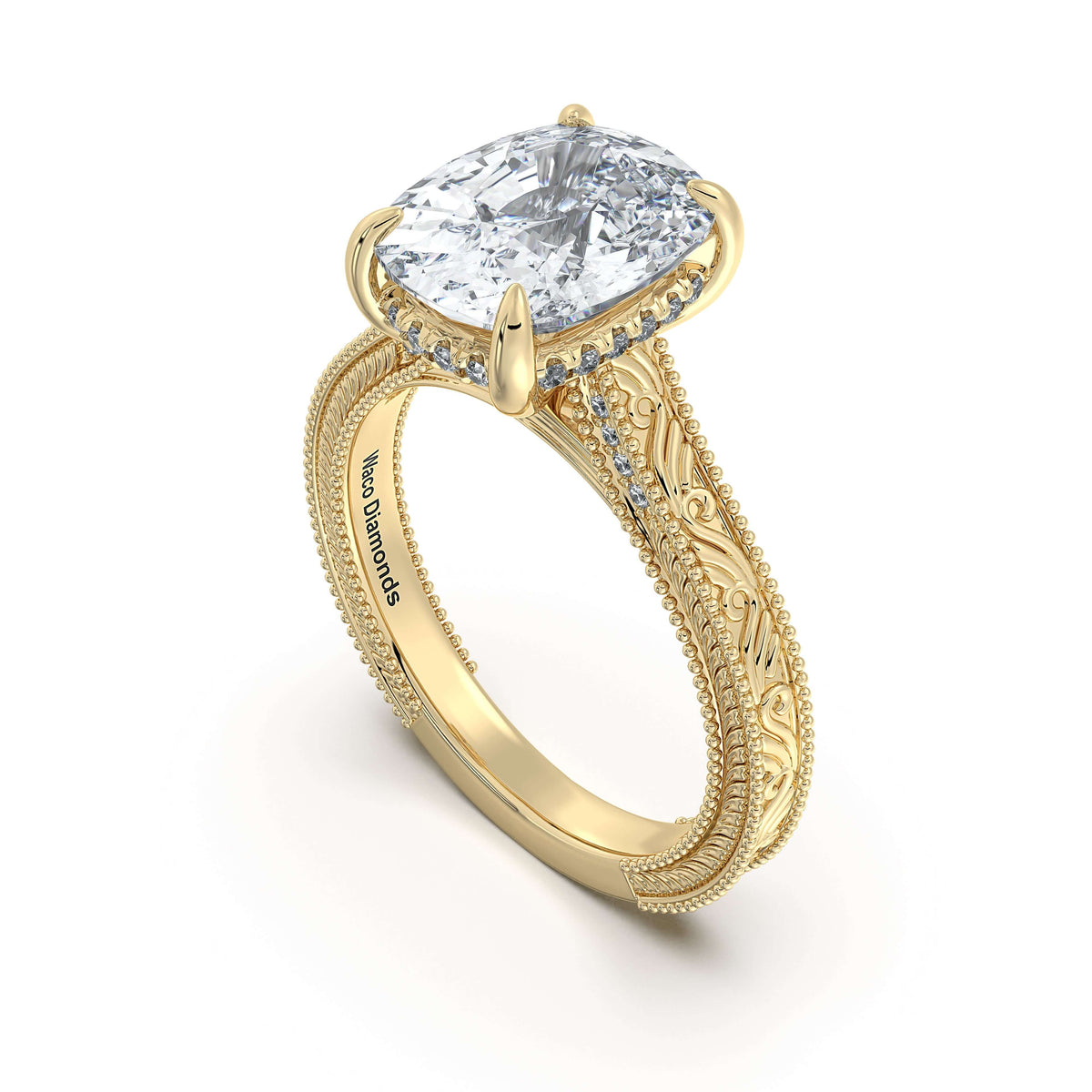Yellow Gold Cushion Hand-Engraved Diamond Engagement Ring Side Profile | Waco Diamonds Is Located In Waco, TX | Central Texas' #1 Engagement Ring Store With Lifetime Warranty