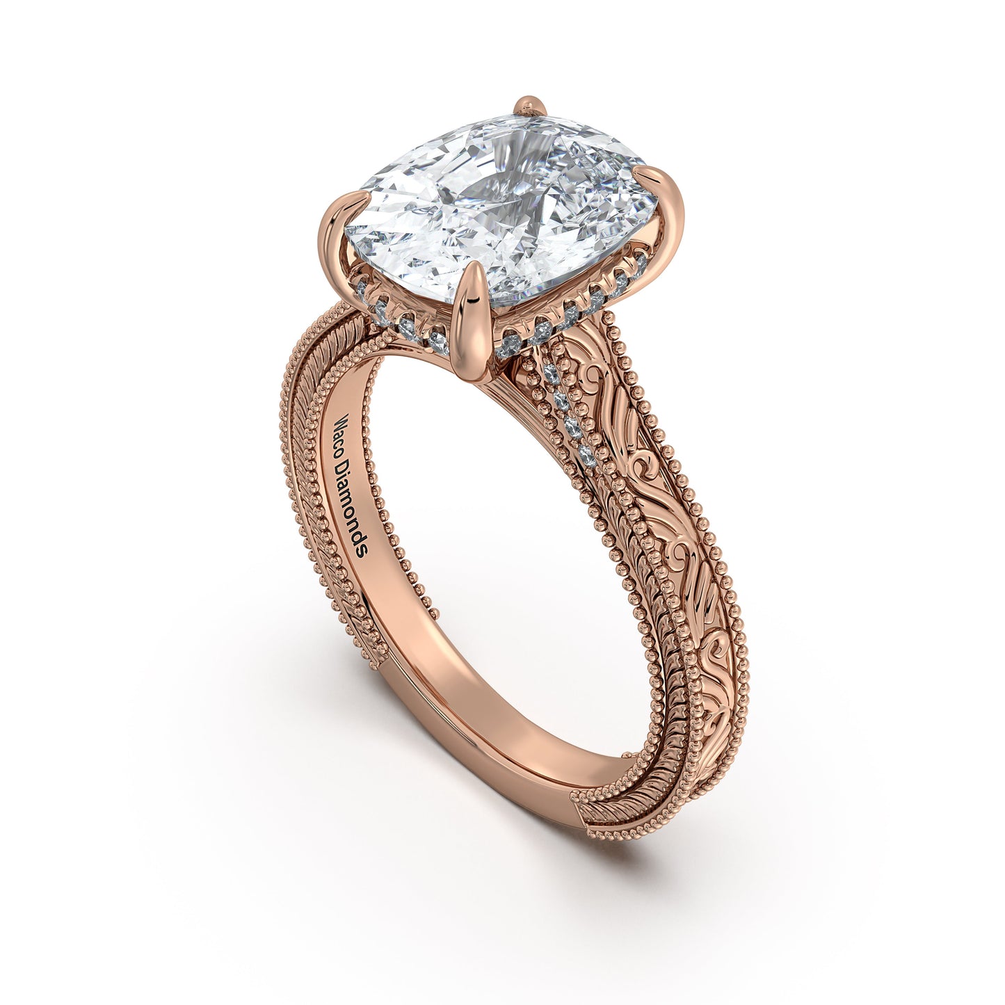 Rose Gold Cushion Hand-Engraved Diamond Engagement Ring Side Profile | Waco Diamonds Is Located In Waco, TX | Central Texas' #1 Engagement Ring Store With Lifetime Warranty