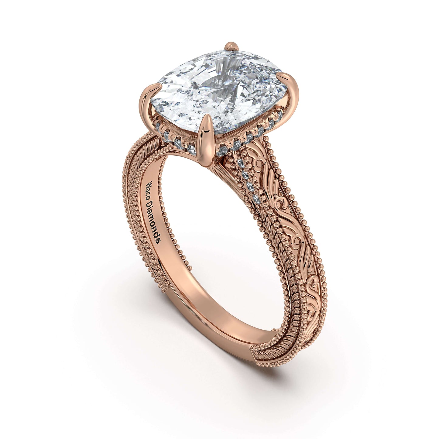 Rose Gold Cushion Hand-Engraved Diamond Engagement Ring Side Profile | Waco Diamonds Is Located In Waco, TX | Central Texas' #1 Engagement Ring Store With Lifetime Warranty