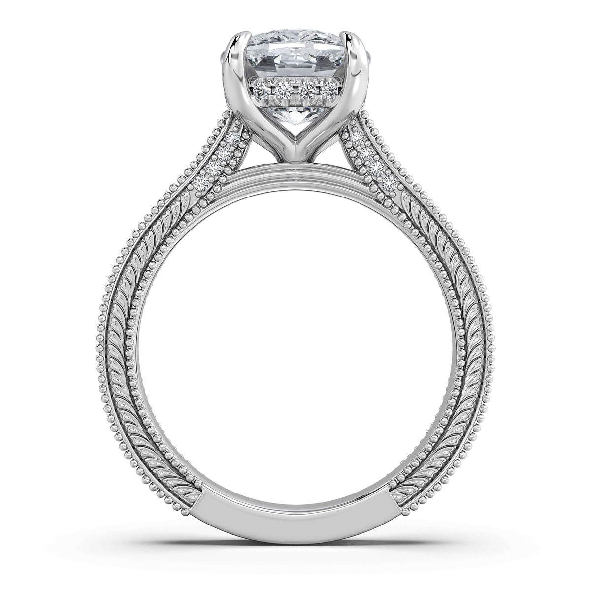 White Gold Cushion Hand-Engraved Diamond Engagement Ring Profile View | Waco Diamonds Is Located In Waco, TX | Central Texas' #1 Engagement Ring Store With Lifetime Warranty