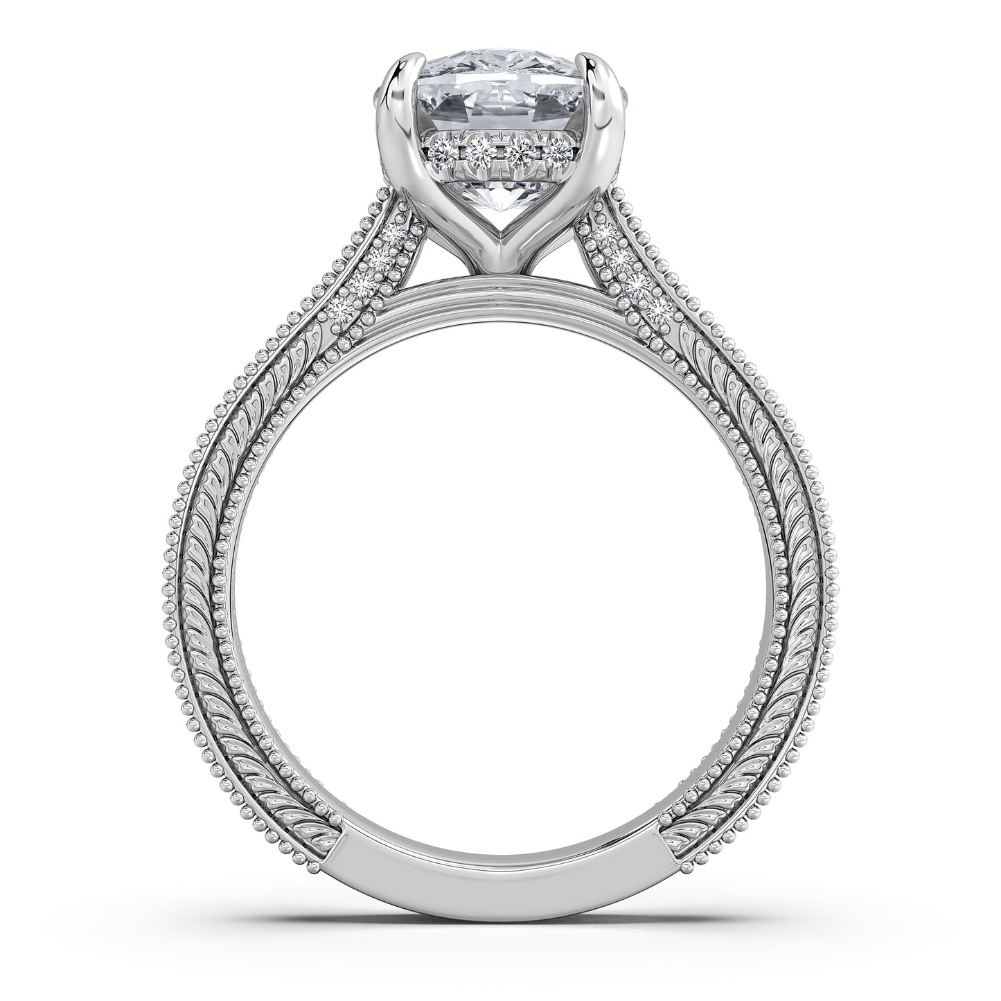 White Gold Cushion Hand-Engraved Diamond Engagement Ring Profile View | Waco Diamonds Is Located In Waco, TX | Central Texas' #1 Engagement Ring Store With Lifetime Warranty