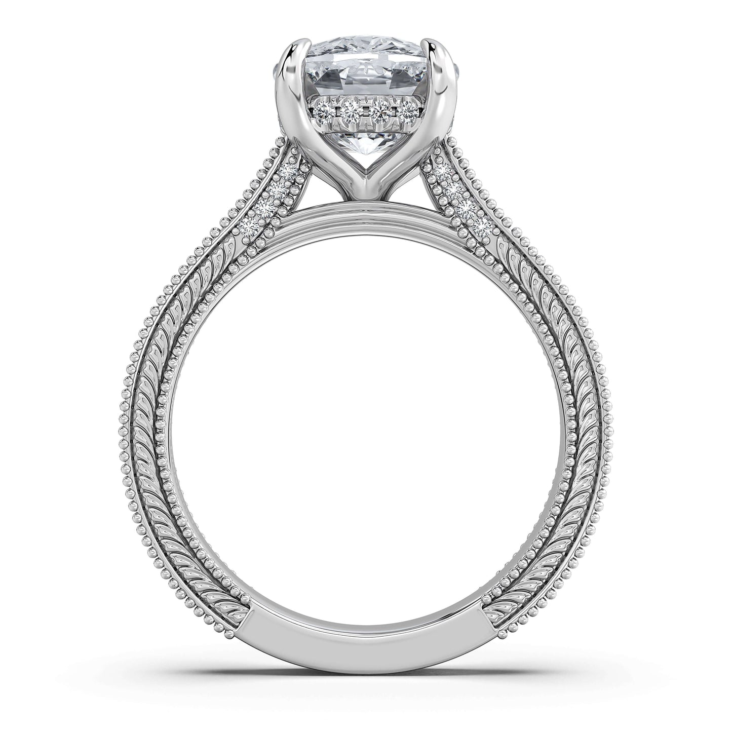White Gold Cushion Hand-Engraved Diamond Engagement Ring Profile View | Waco Diamonds Is Located In Waco, TX | Central Texas' #1 Engagement Ring Store With Lifetime Warranty