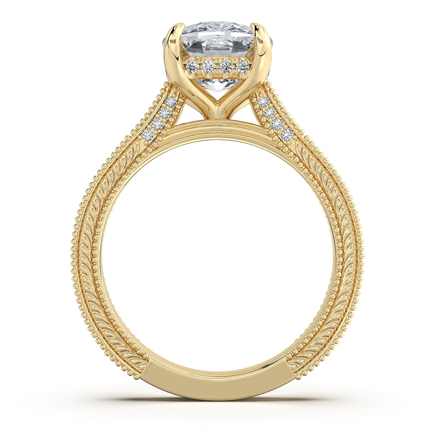 Yellow Gold Cushion Hand-Engraved Diamond Engagement Ring Profile View | Waco Diamonds Is Located In Waco, TX | Central Texas' #1 Engagement Ring Store With Lifetime Warranty