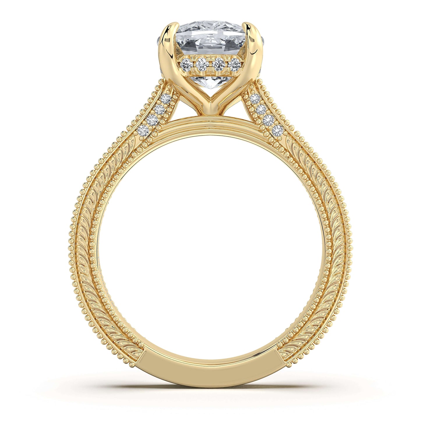 Yellow Gold Cushion Hand-Engraved Diamond Engagement Ring Profile View | Waco Diamonds Is Located In Waco, TX | Central Texas' #1 Engagement Ring Store With Lifetime Warranty