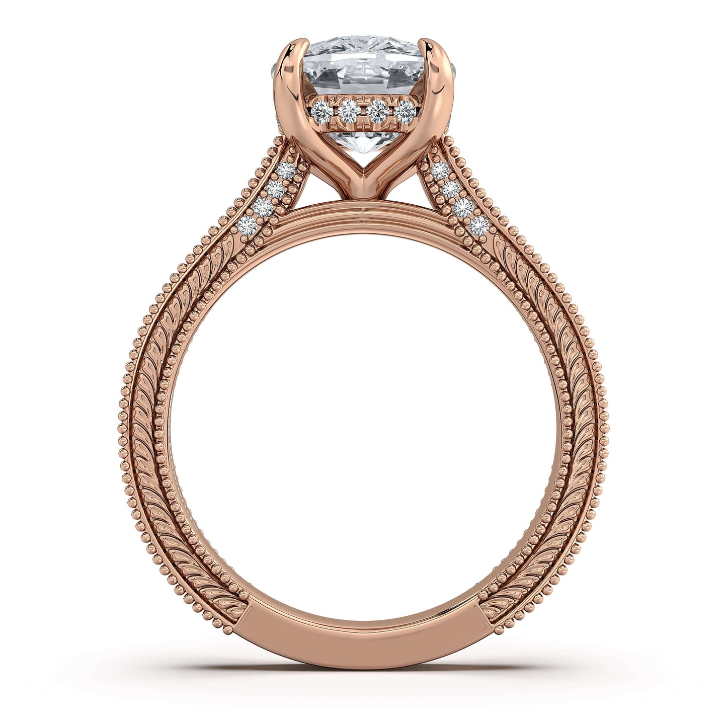 Rose Gold Cushion Hand-Engraved Diamond Engagement Ring Profile View | Waco Diamonds Is Located In Waco, TX | Central Texas' #1 Engagement Ring Store With Lifetime Warranty