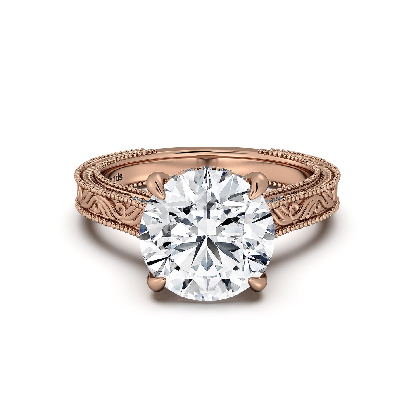 Rose Gold Round Hand-Engraved Diamond Engagement Ring | Waco Diamonds Is Located In Waco, TX | Central Texas' #1 Engagement Ring Store With Lifetime Warranty